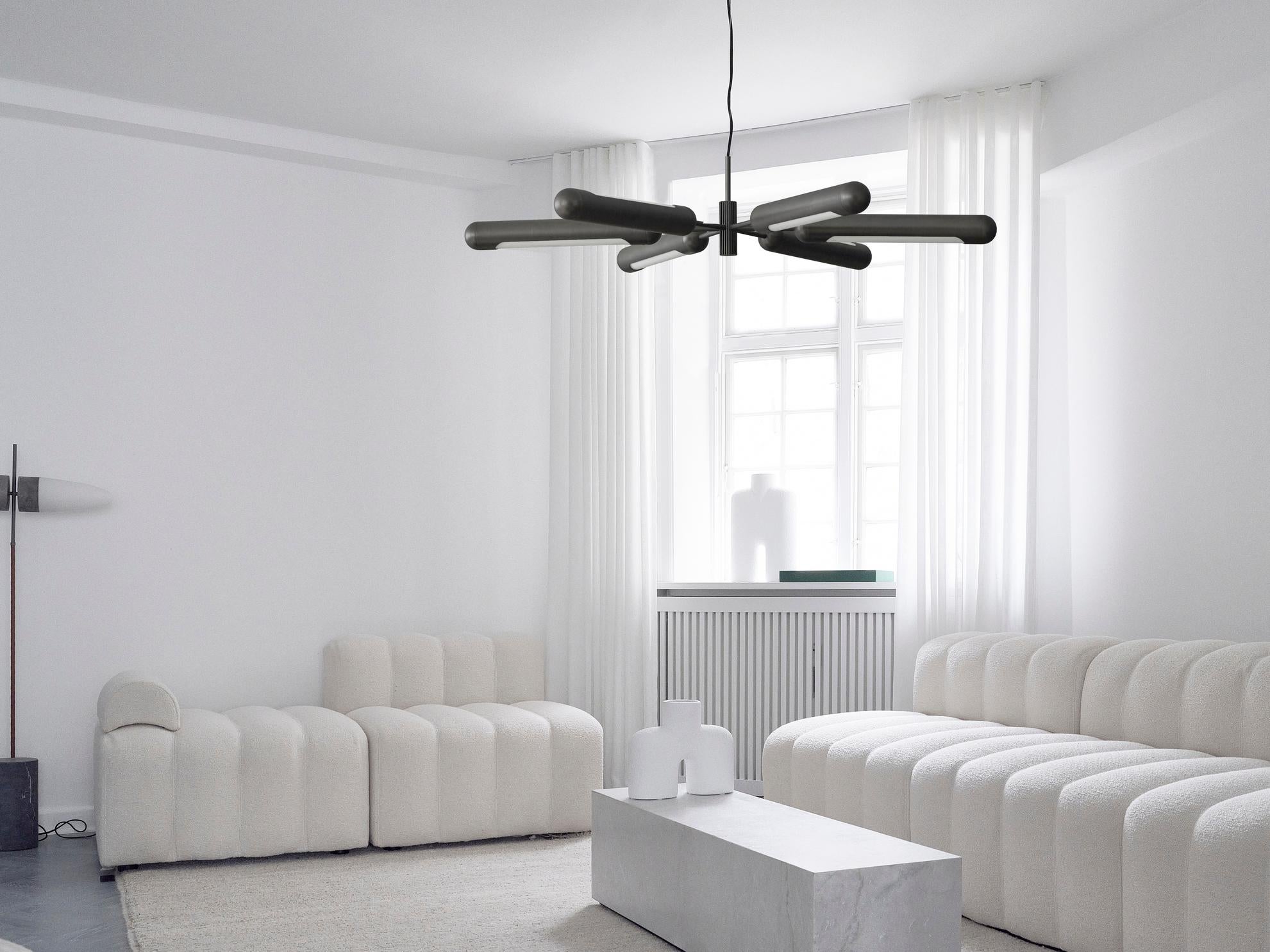Bullet Chandelier by 101 Copenhagen
Designed by Kristian Sofus Hansen & Tommy Hyldahl.
Dimensions: L 125 x W 125 x H 32 cm
Mounting plate: H1,3 / W5,5 CM
Ceiling cup: H19,5 / W6 CM
Fabric covered cable (divided in two):
Cable 1. from 15 to 85
