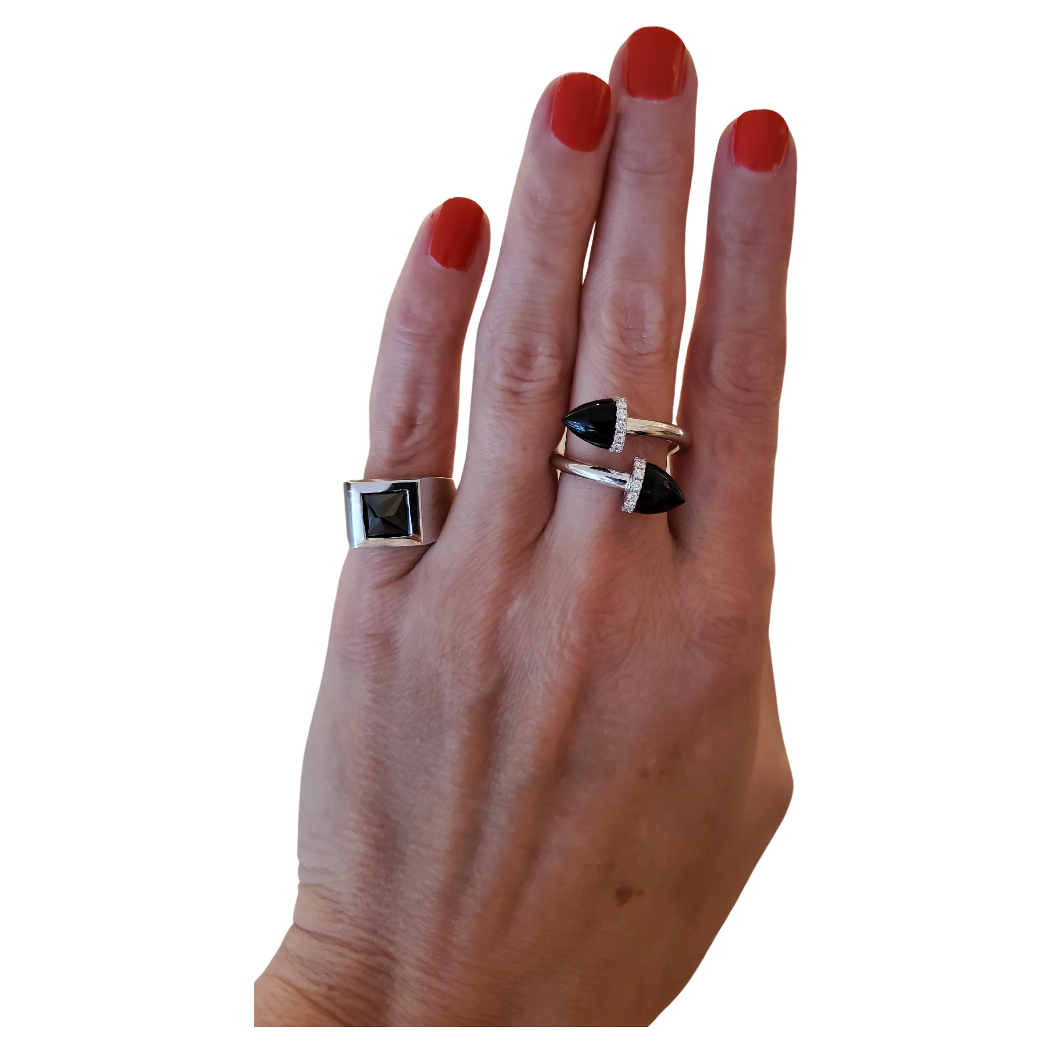 Bullet-Cut Black Onyx and Diamond=0.30cts 14k White Gold Wrap Ring