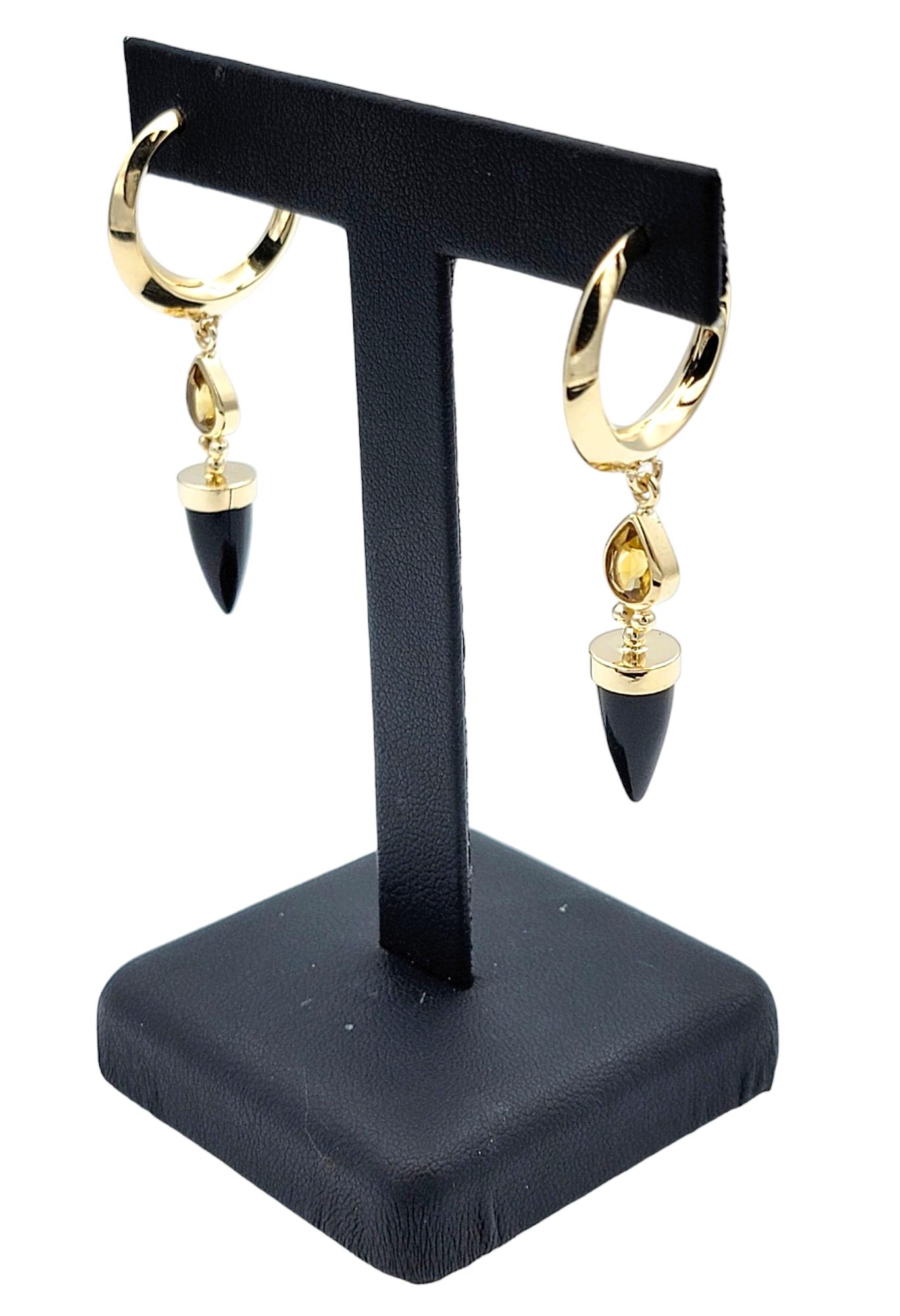 Bullet Cut Onyx and Pear Cut Citrine Dangle Hoop Earrings 14 Karat Yellow Gold For Sale 5