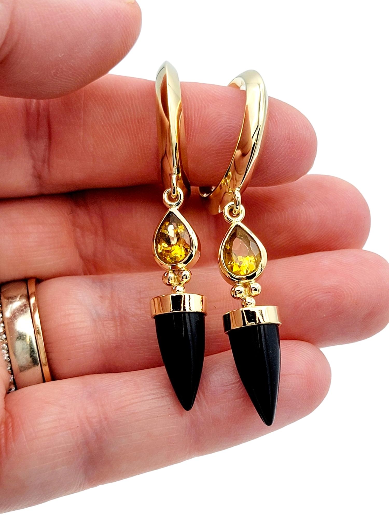 Bullet Cut Onyx and Pear Cut Citrine Dangle Hoop Earrings 14 Karat Yellow Gold For Sale 6