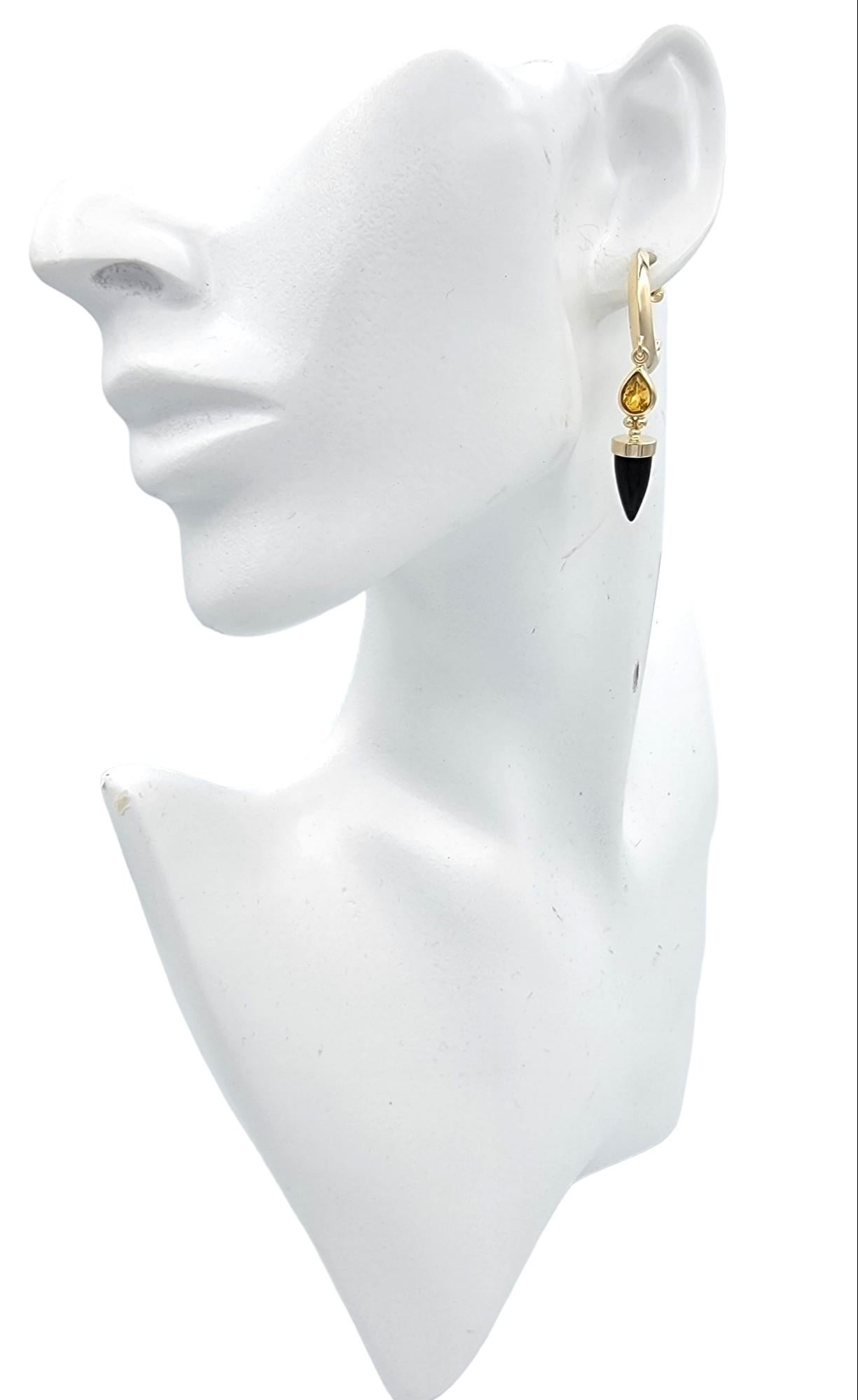 Bullet Cut Onyx and Pear Cut Citrine Dangle Hoop Earrings 14 Karat Yellow Gold For Sale 7
