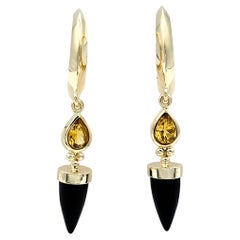 Bullet Cut Onyx and Pear Cut Citrine Dangle Hoop Earrings 14 Karat Yellow Gold