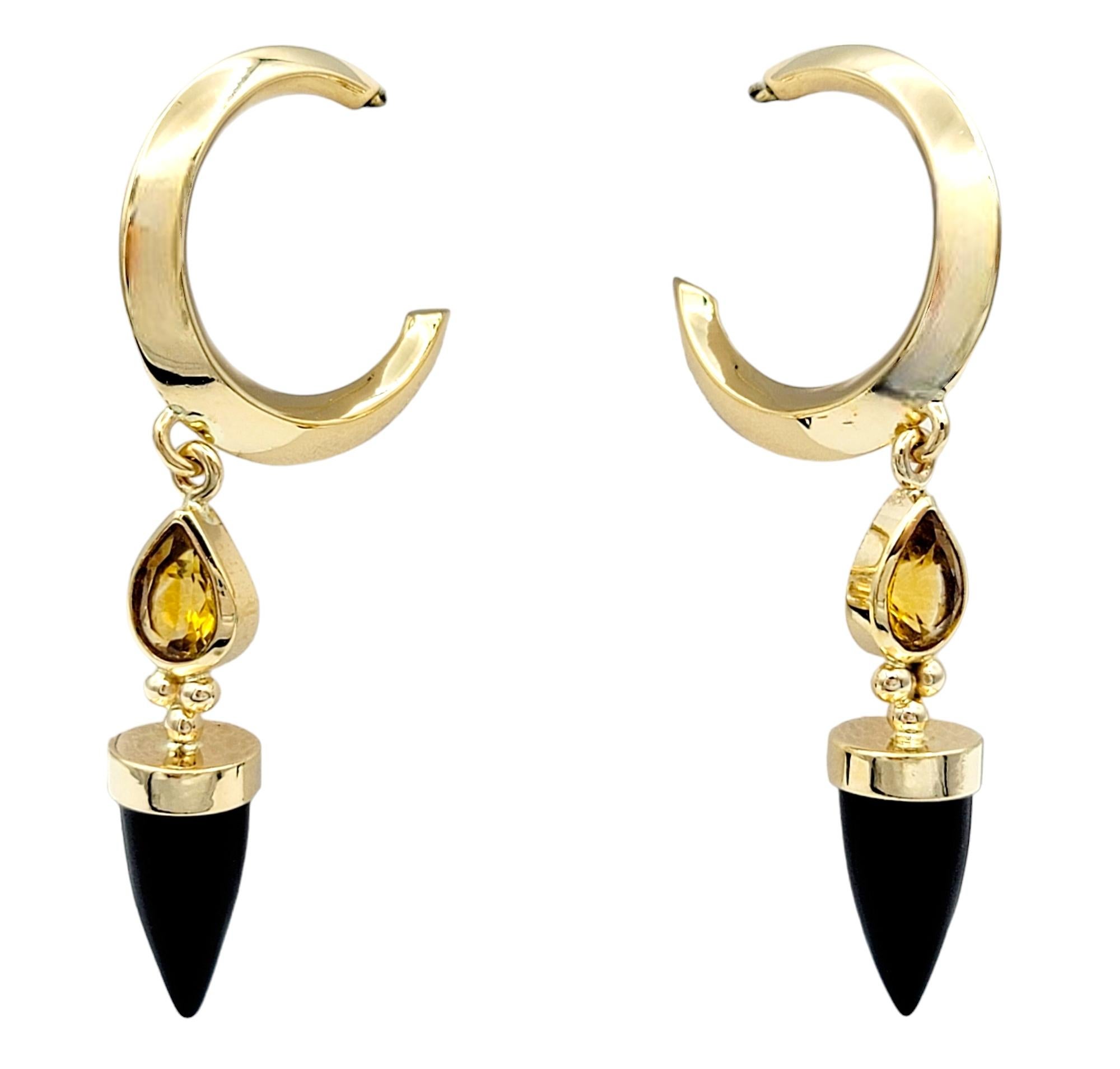 Contemporary Bullet Cut Onyx and Pear Cut Citrine Dangle Hoop Earrings 14 Karat Yellow Gold For Sale