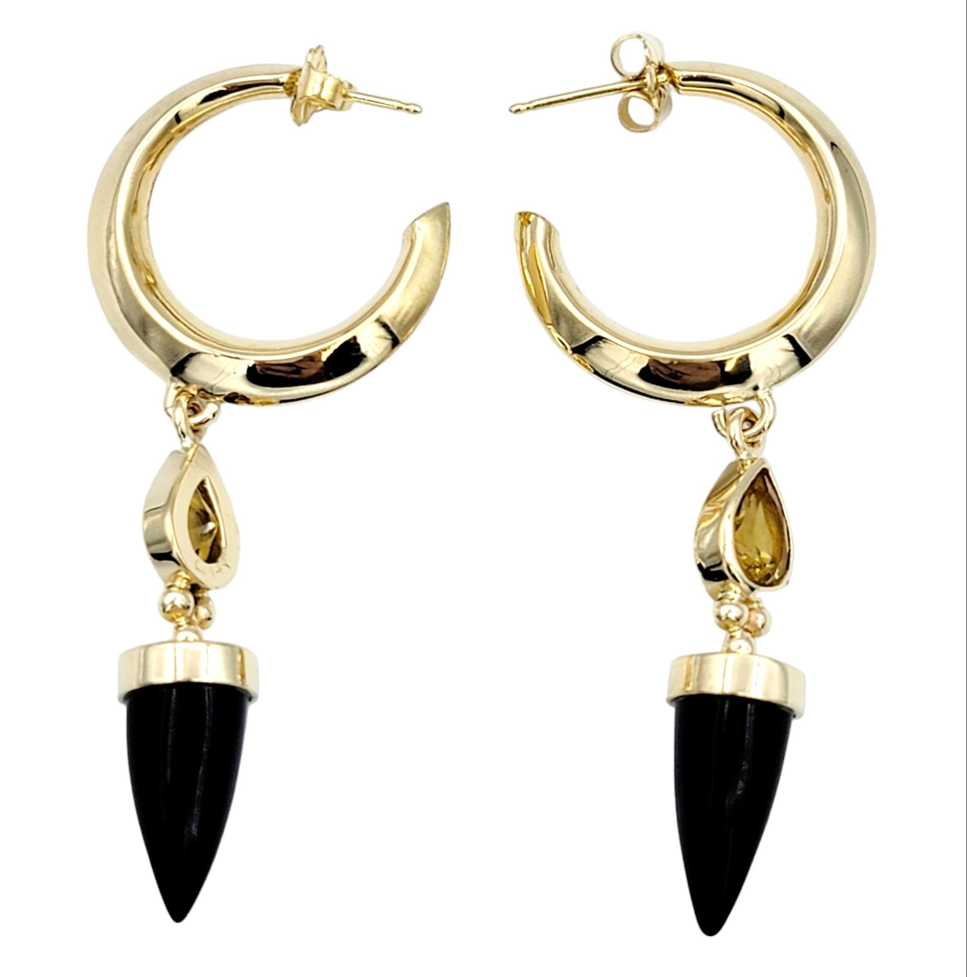 Bullet Cut Onyx and Pear Cut Citrine Dangle Hoop Earrings 14 Karat Yellow Gold In Good Condition For Sale In Scottsdale, AZ