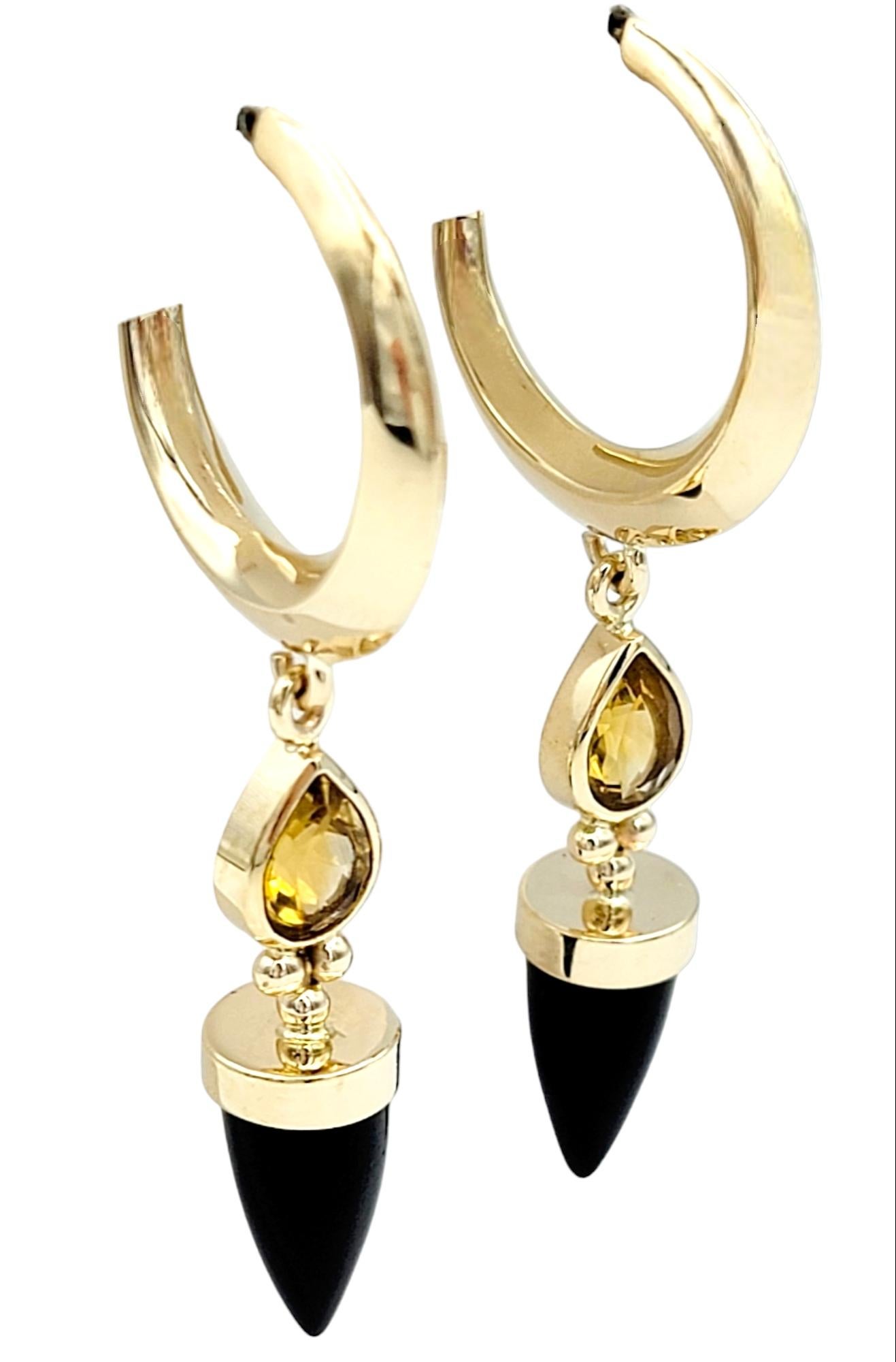 Women's Bullet Cut Onyx and Pear Cut Citrine Dangle Hoop Earrings 14 Karat Yellow Gold For Sale