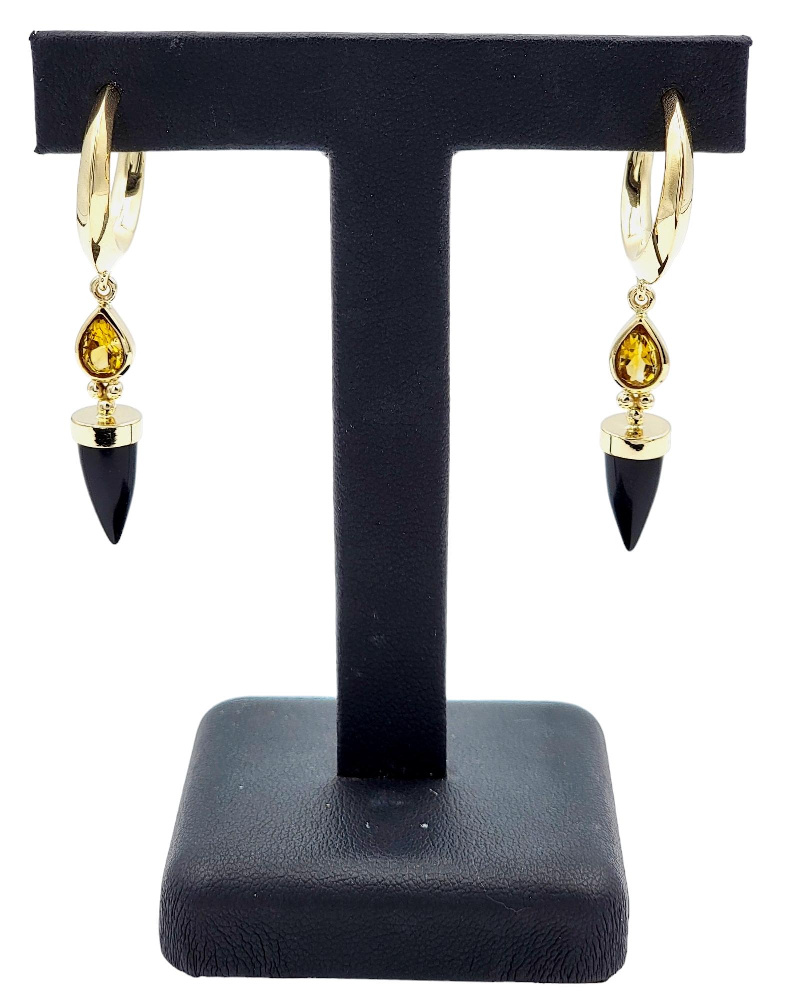 Bullet Cut Onyx and Pear Cut Citrine Dangle Hoop Earrings 14 Karat Yellow Gold For Sale 4