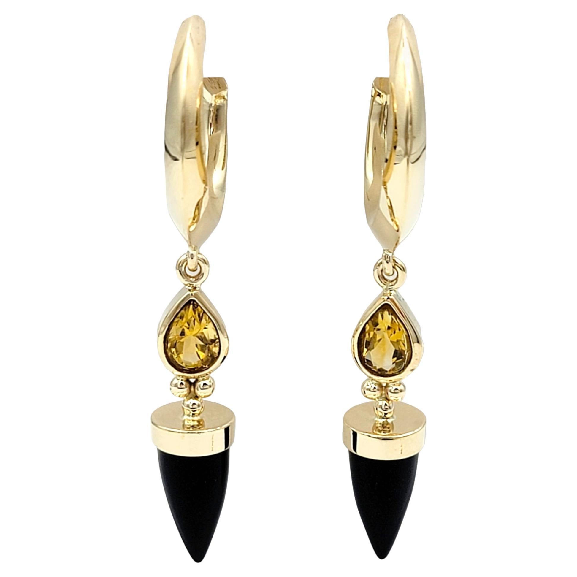 Bullet Cut Onyx and Pear Cut Citrine Dangle Hoop Earrings 14 Karat Yellow Gold For Sale