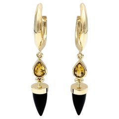 Bullet Cut Onyx and Pear Cut Citrine Dangle Hoop Earrings 14 Karat Yellow Gold