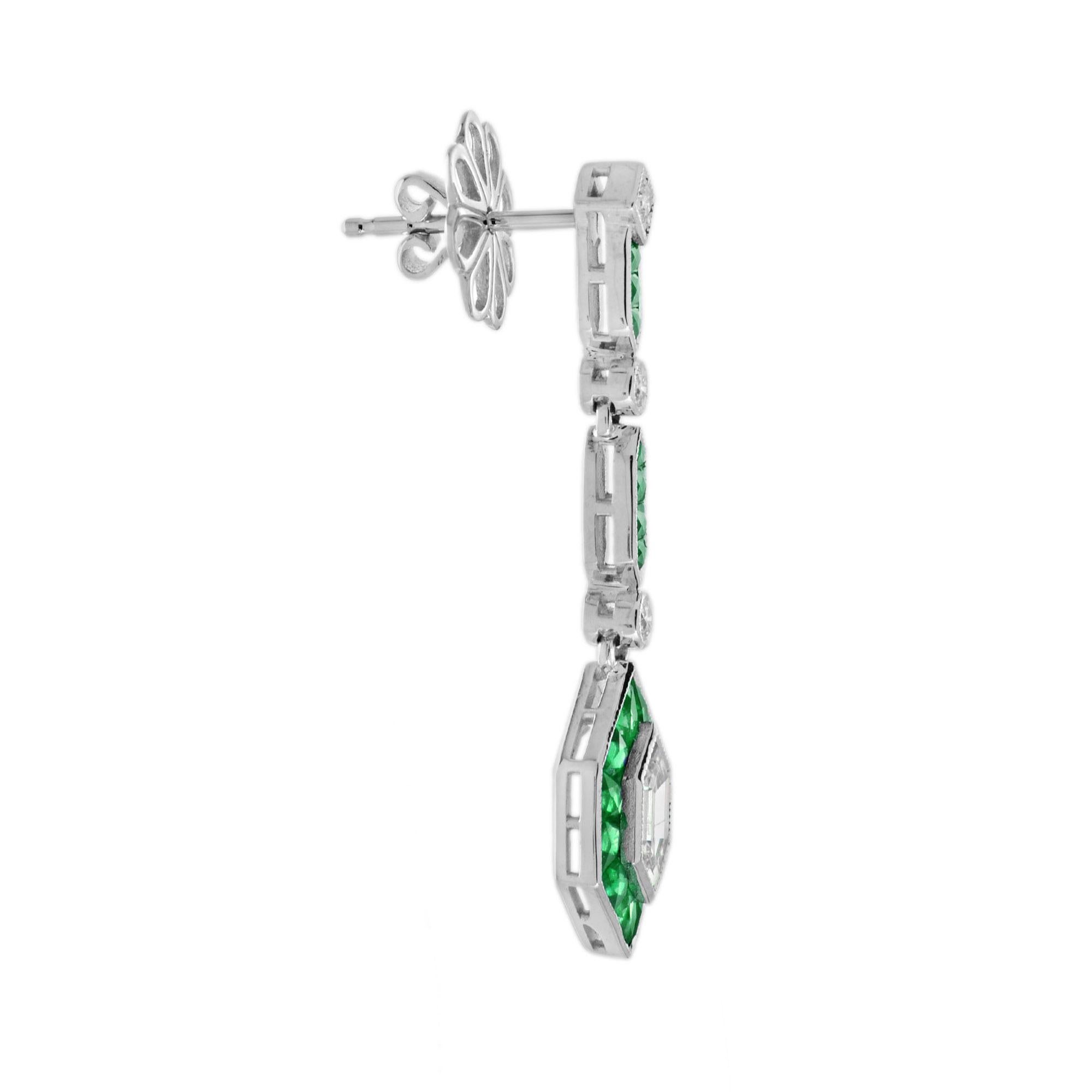 Hexagon Cut Bullet Diamond and Emerald Art Deco Style Drop Earrings in 18K White Gold For Sale
