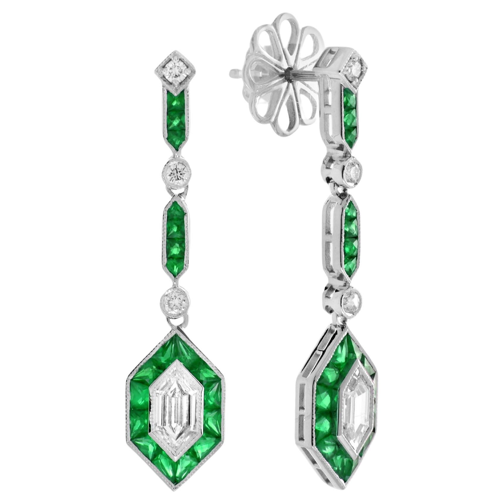 Bullet Diamond and Emerald Art Deco Style Drop Earrings in 18K White Gold For Sale