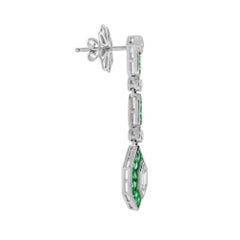 Bullet Diamond & Green Emerald Art Deco Style Drop 14K White Gold Earrings