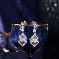 Bullet Shape Diamond and Blue Sapphire Art Deco Style Drop Earrings in 18K Gold