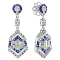 Bullet Shape Diamond and Blue Sapphire Art Deco Style Drop Earrings in 18K Gold