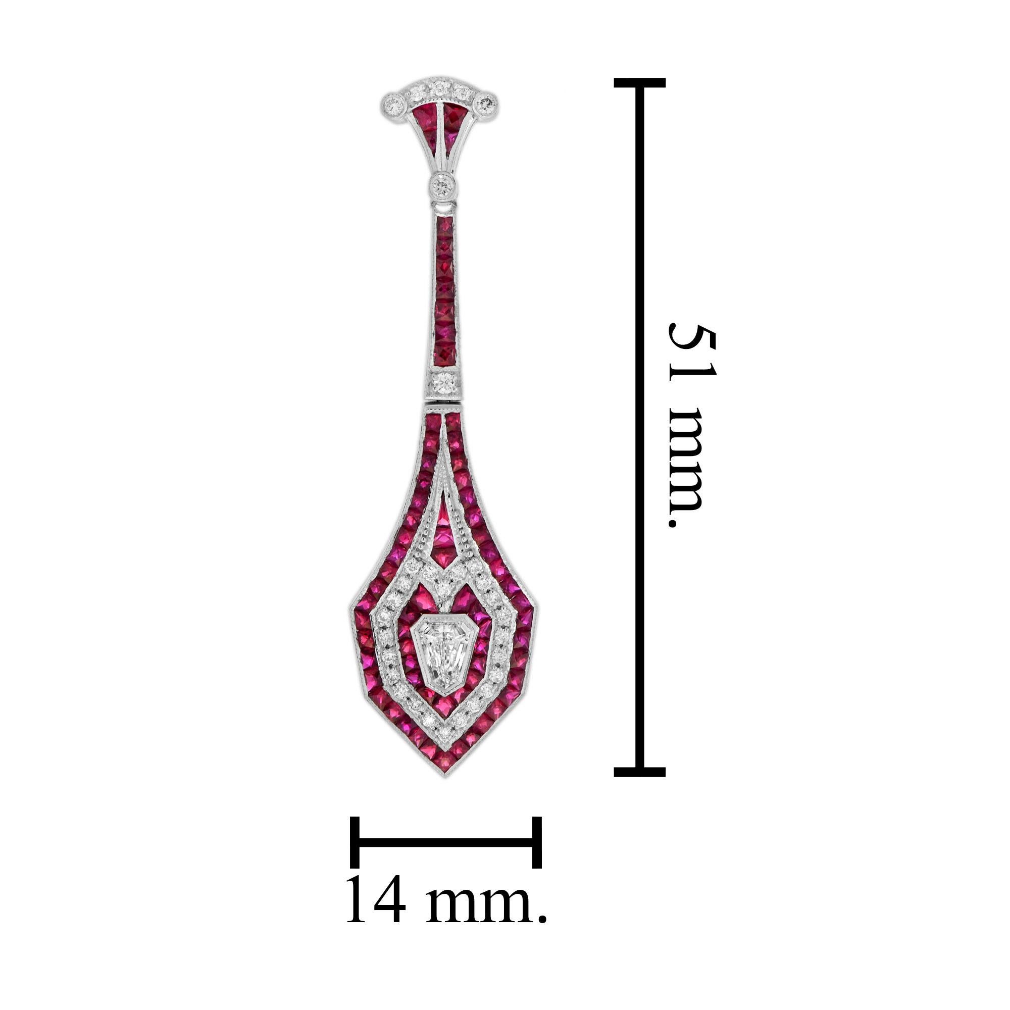 Bullet Shape Diamond and Ruby Art Deco Style Drop Earrings in 18K White Gold In New Condition In Bangkok, TH