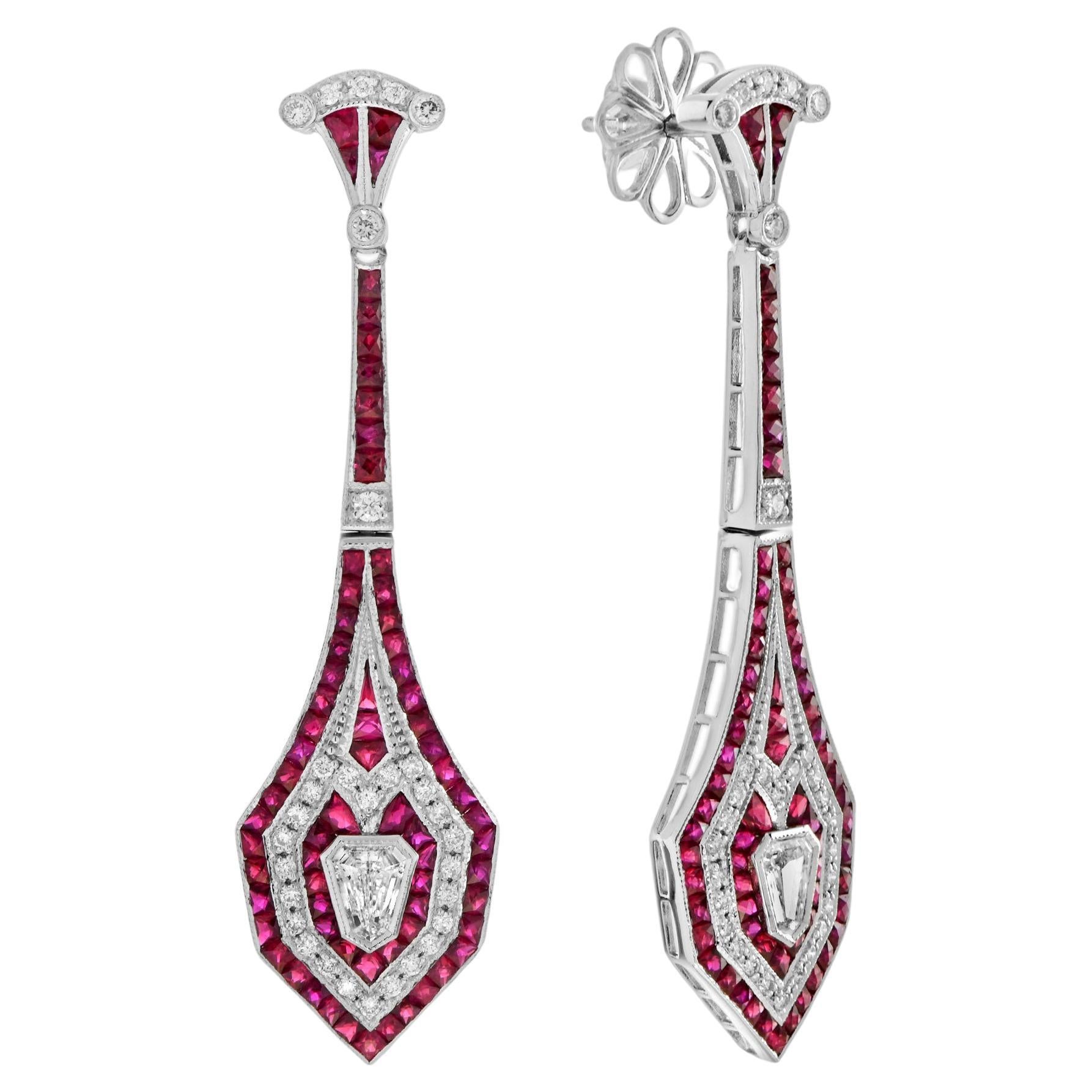 Bullet Shape Diamond and Ruby Art Deco Style Drop Earrings in 18K White Gold