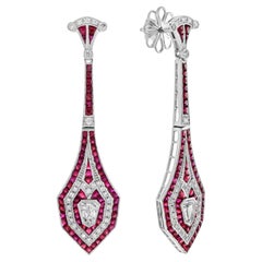 Bullet Shape Diamond & Red Pink Ruby Art Deco Style Drop 18K White Gold Earrings