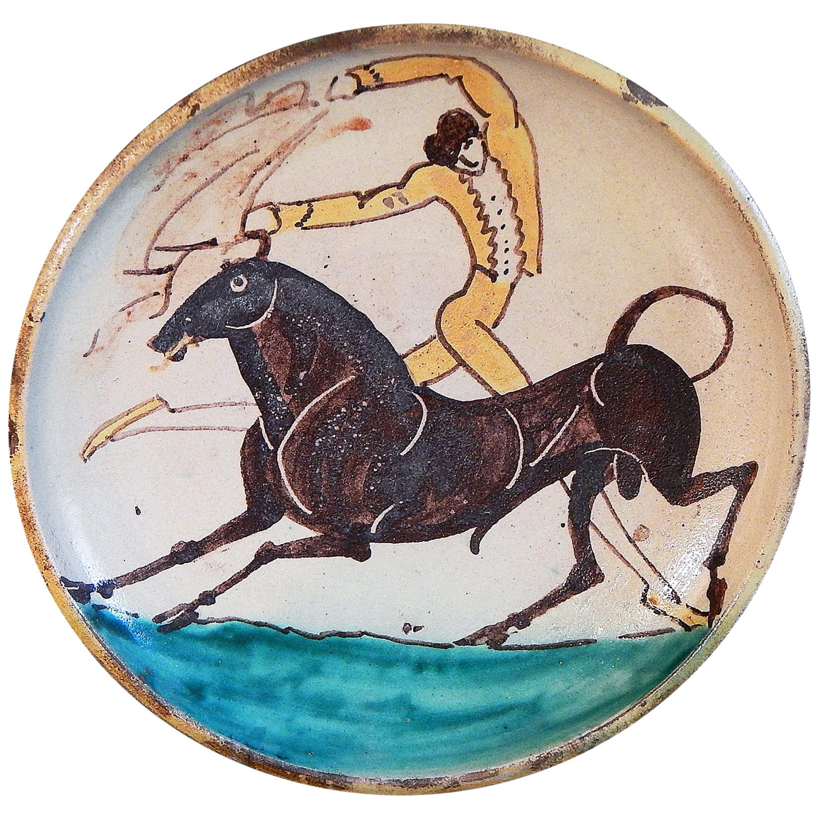 "Bullfighter and Bull, " Brilliant Art Deco Glazed Bowl by Diederich For Sale