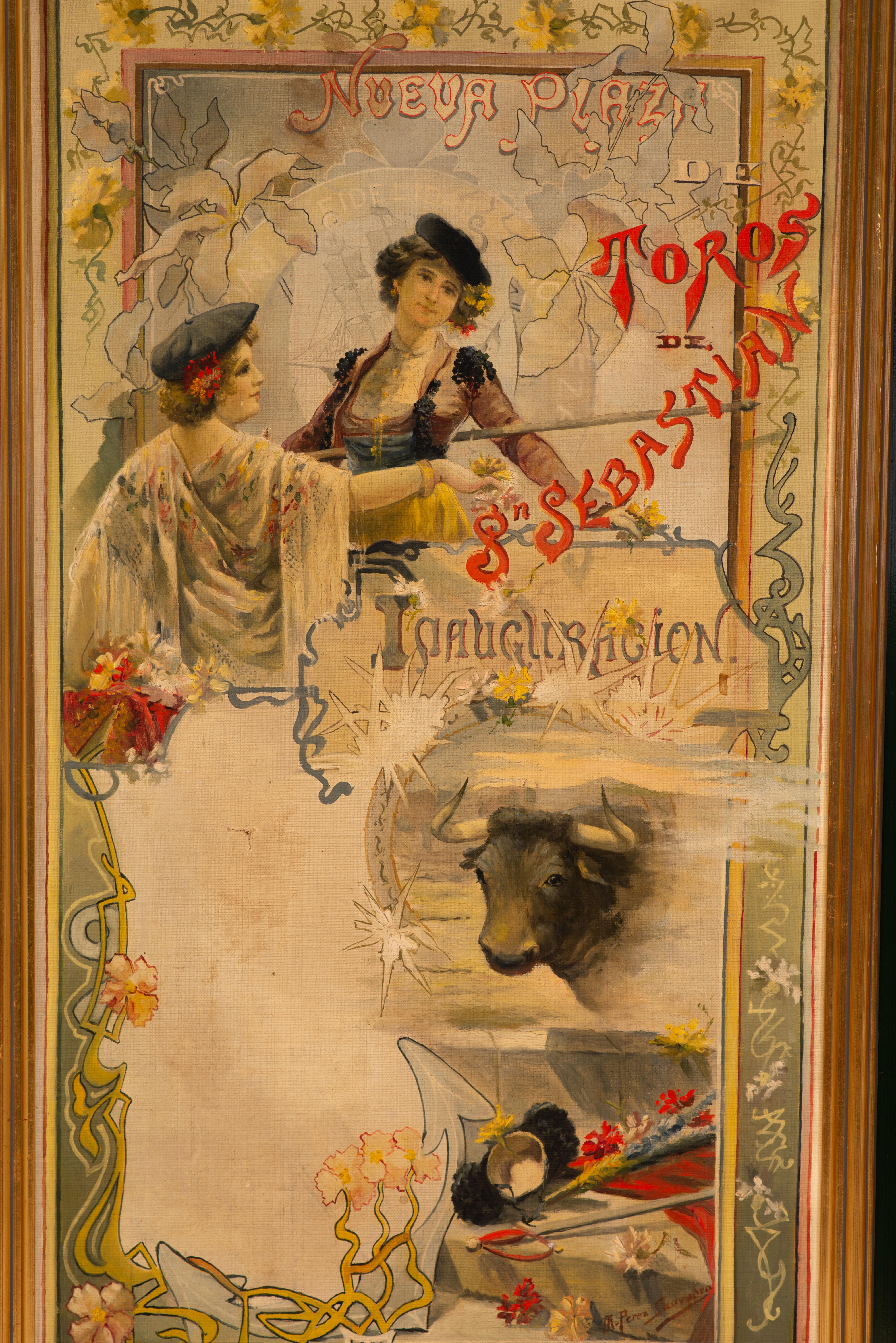 Bullfighting-Poster, Eröffnung des Stierkampfbandes von San Sebastian. Öl auf Leinwand. PÉREZ SAAVEDRA, Manuel (doc. Circa 1903). 1903.
 Originalplakat für eine Stierkampfveranstaltung zur Eröffnung der Stierkampfarena von San Sebastián (bekannt als