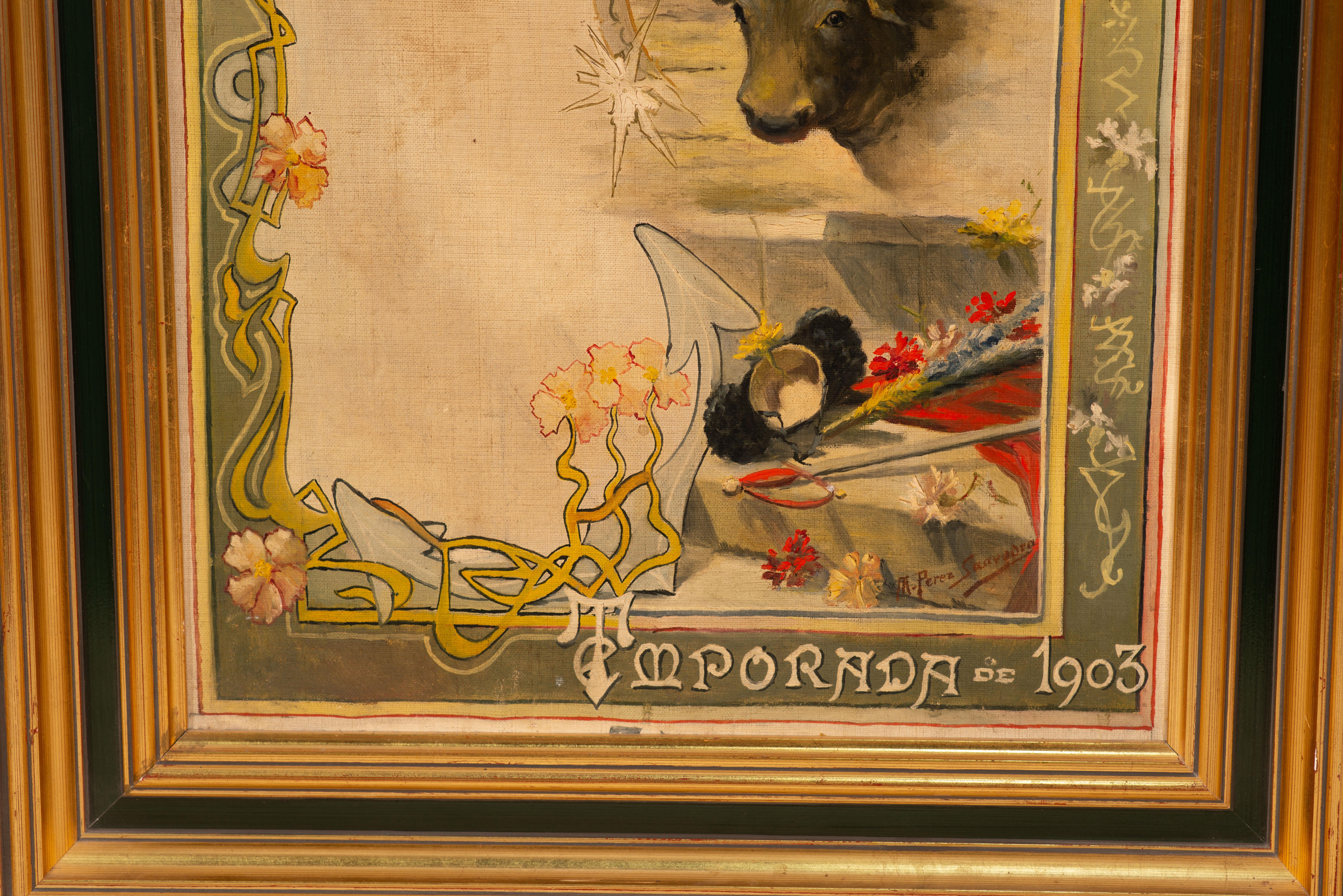 Bullfighting-Poster, Eröffnung des Stierkampfbandes von San Sebastian. Öl auf Leinwand. (Art nouveau) im Angebot