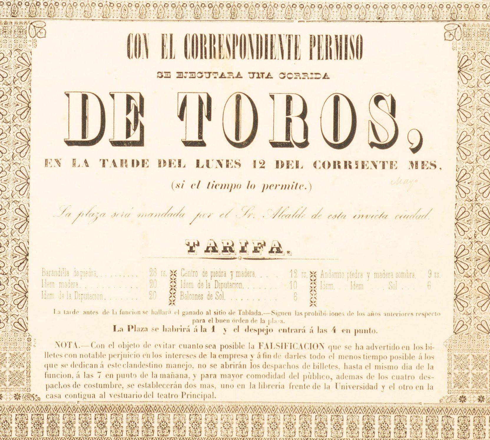Neoclassical Revival Bullfighting poster. Printed paper, framed. Seville, Spain, 19th century For Sale