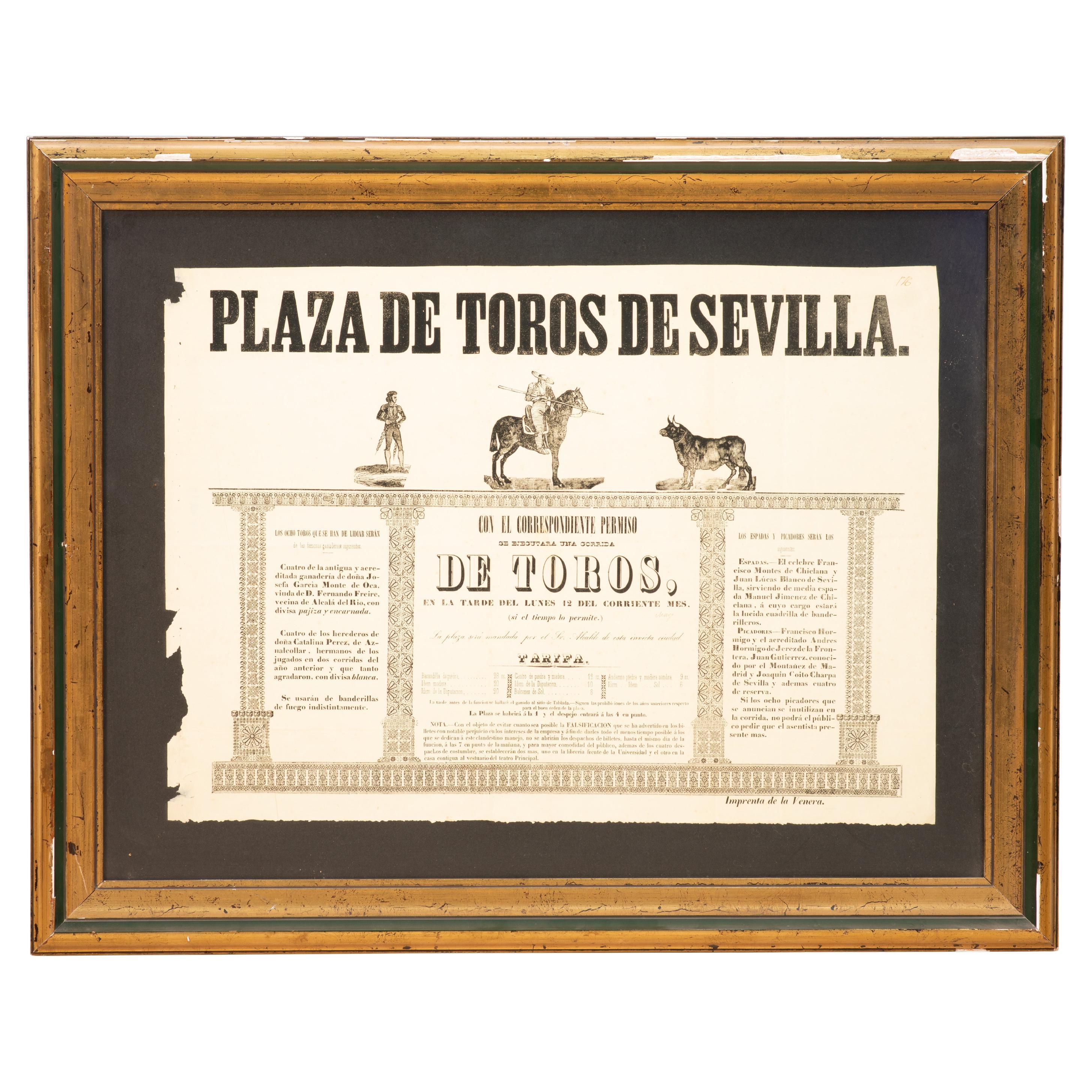 Bullfighting poster. Printed paper, framed. Seville, Spain, 19th century For Sale