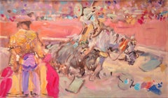 Scène de chasse au taureau, huile sur toile, signée GONZLEZ MARCOS, ngel