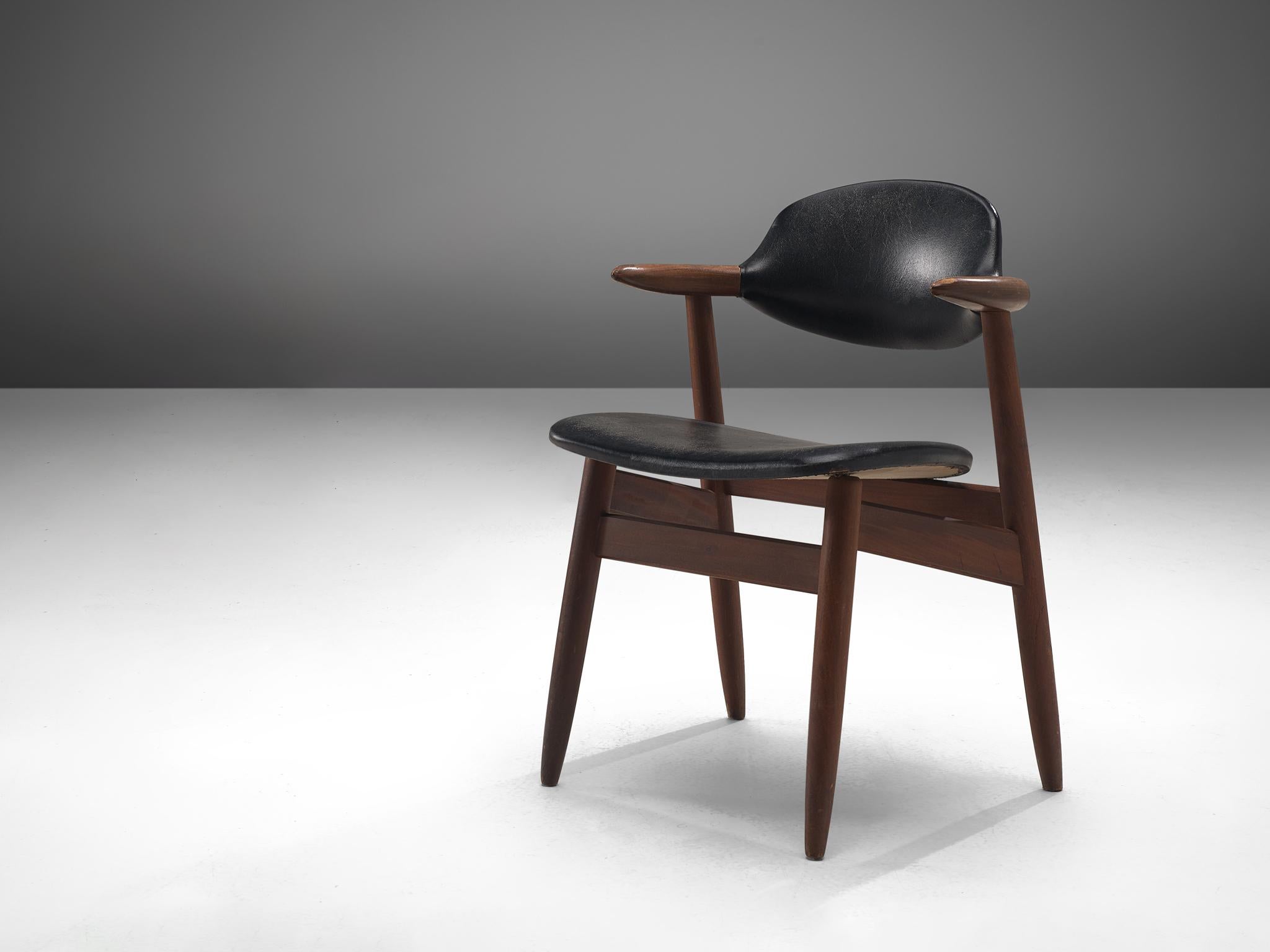 ‘Bullhorn’ dining chair, teak, leatherette, The Netherlands, 1960s

This dining chair from Dutch origin owes its name to the armrests that are based on the shape of a bull horn. The wooden frame illustrates a dynamic construction of sharp lines and