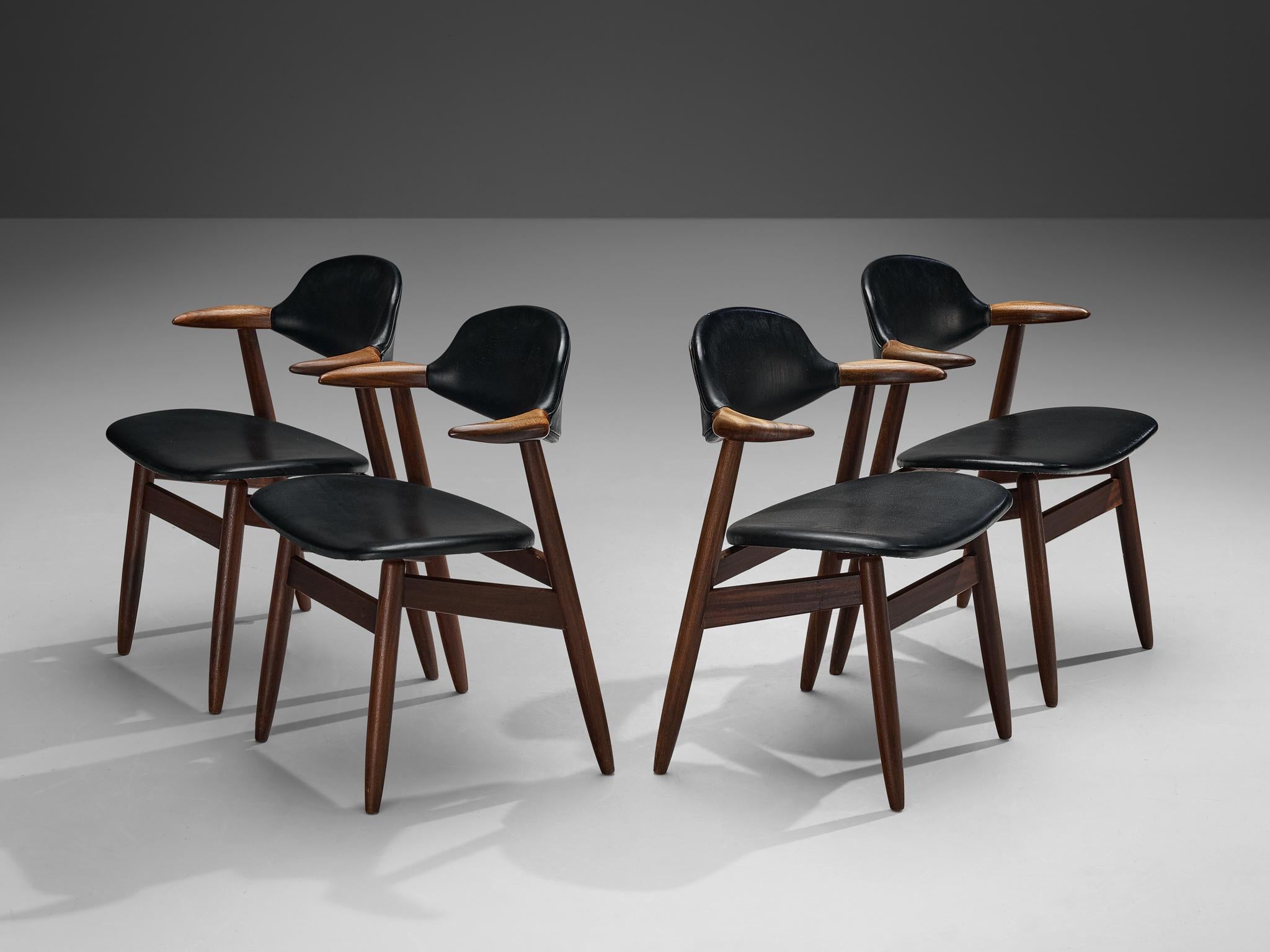 ‘Bullhorn’ set of four dining chair, teak, leatherette, The Netherlands, 1960s

These dining chairs from Dutch origin owes its name to the armrests that are based on the shape of a bull horn. The wooden frame illustrates a dynamic construction of