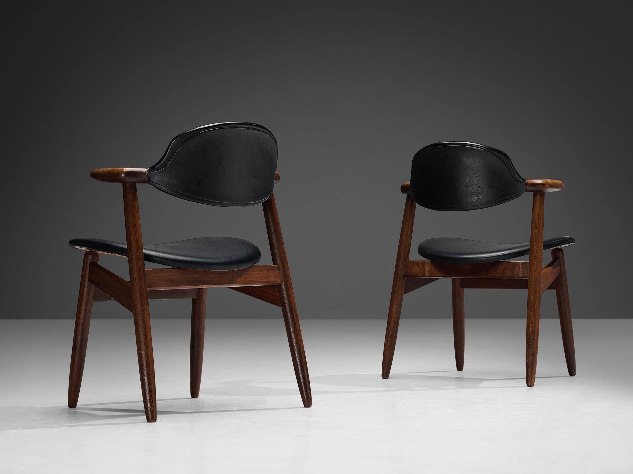 Dutch ‘Bullhorn’ Armchairs in Teak and Black Upholstery