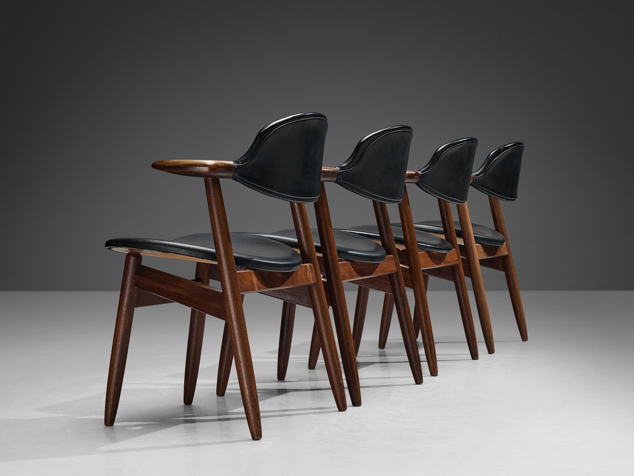 Mid-20th Century ‘Bullhorn’ Armchairs in Teak and Black Upholstery