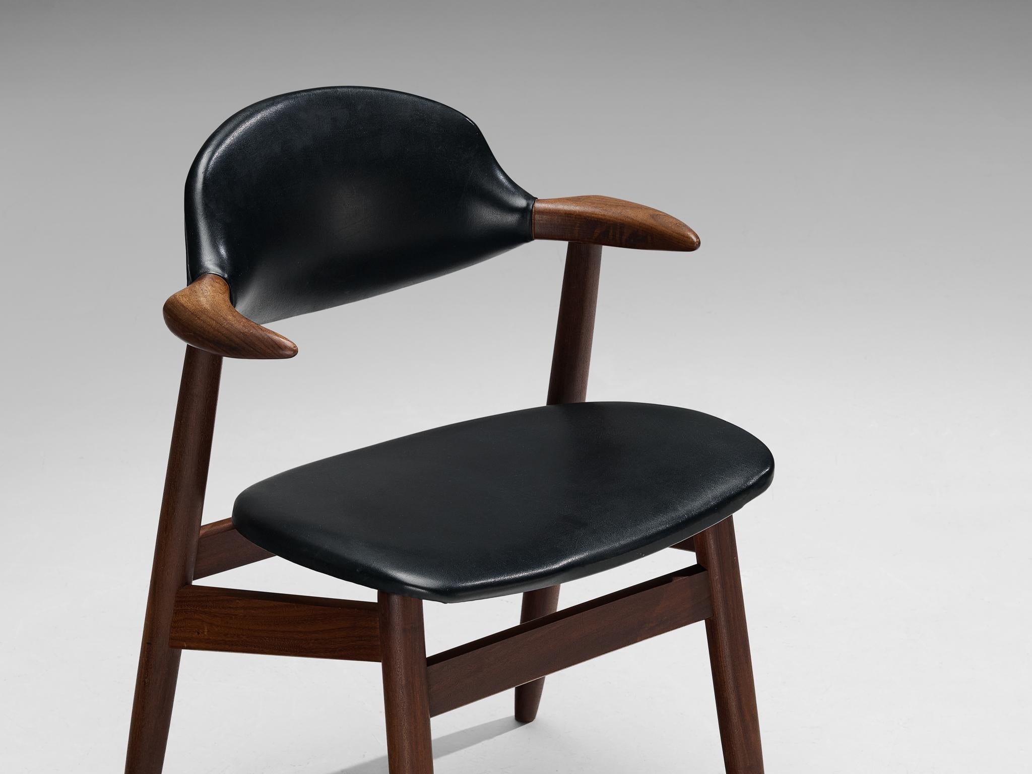 Faux Leather ‘Bullhorn’ Armchairs in Teak and Black Upholstery