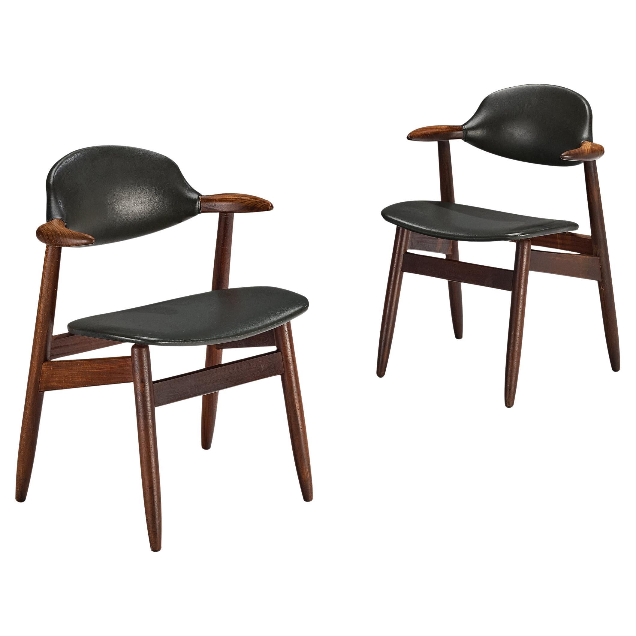 ‘Bullhorn’ Armchairs in Teak and Dark Green Upholstery 