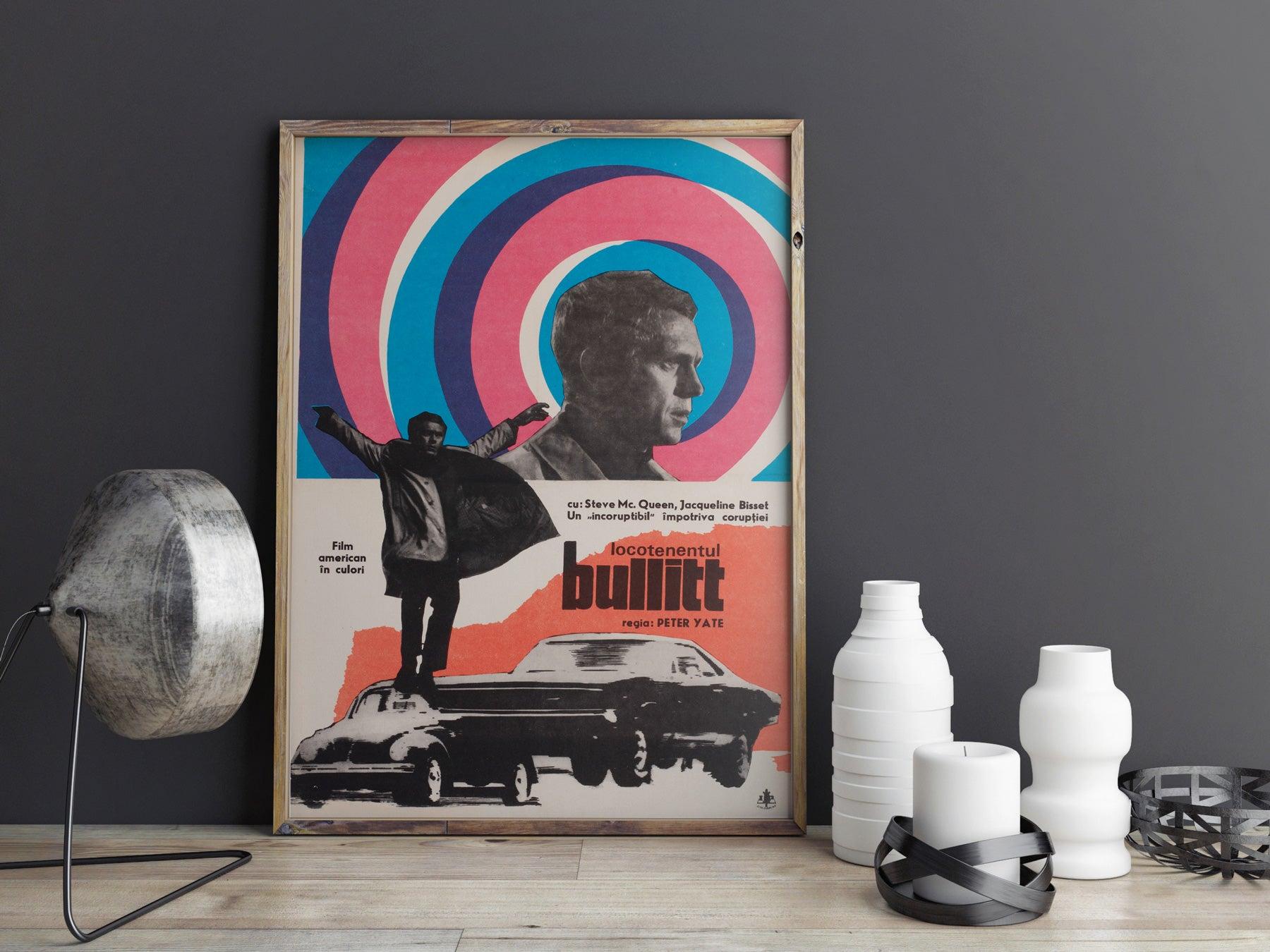 We love the very cool, colourful and alternative design features on this rare first-year-of-release Romanian film poster for Steve McQueen classic Original Bullitt. Very striking, extremely scarce poster.


In Bullitt, Steve McQueen stars as the