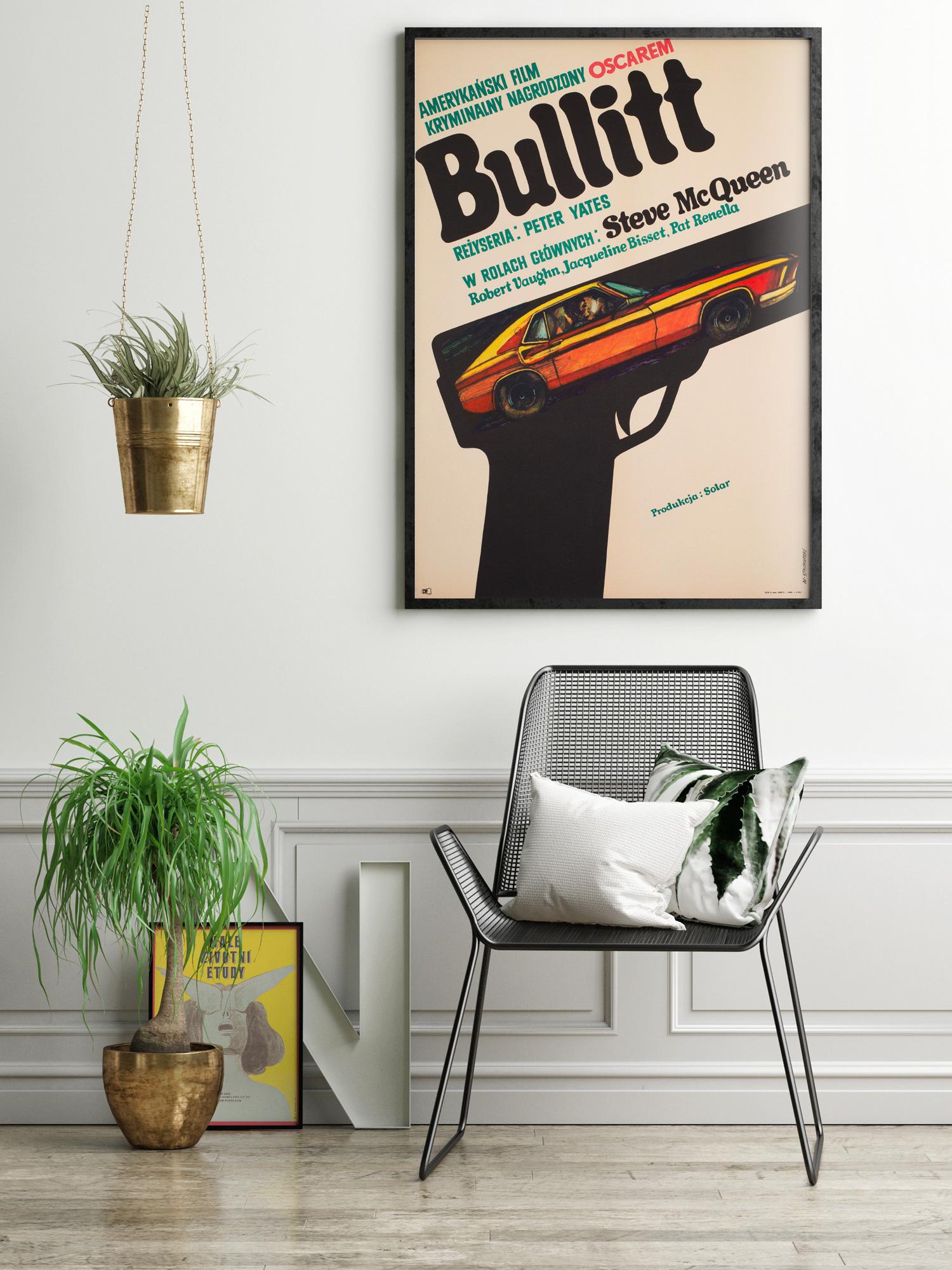 Fantastic retro design on this 1971 (first-year-of-release in Poland) Polish film poster for American action thriller classic Bullitt Staring Steve McQueen, Robert Vaughn, and Jacqueline Bisset. We adore the wonderfully inventive gun/car design