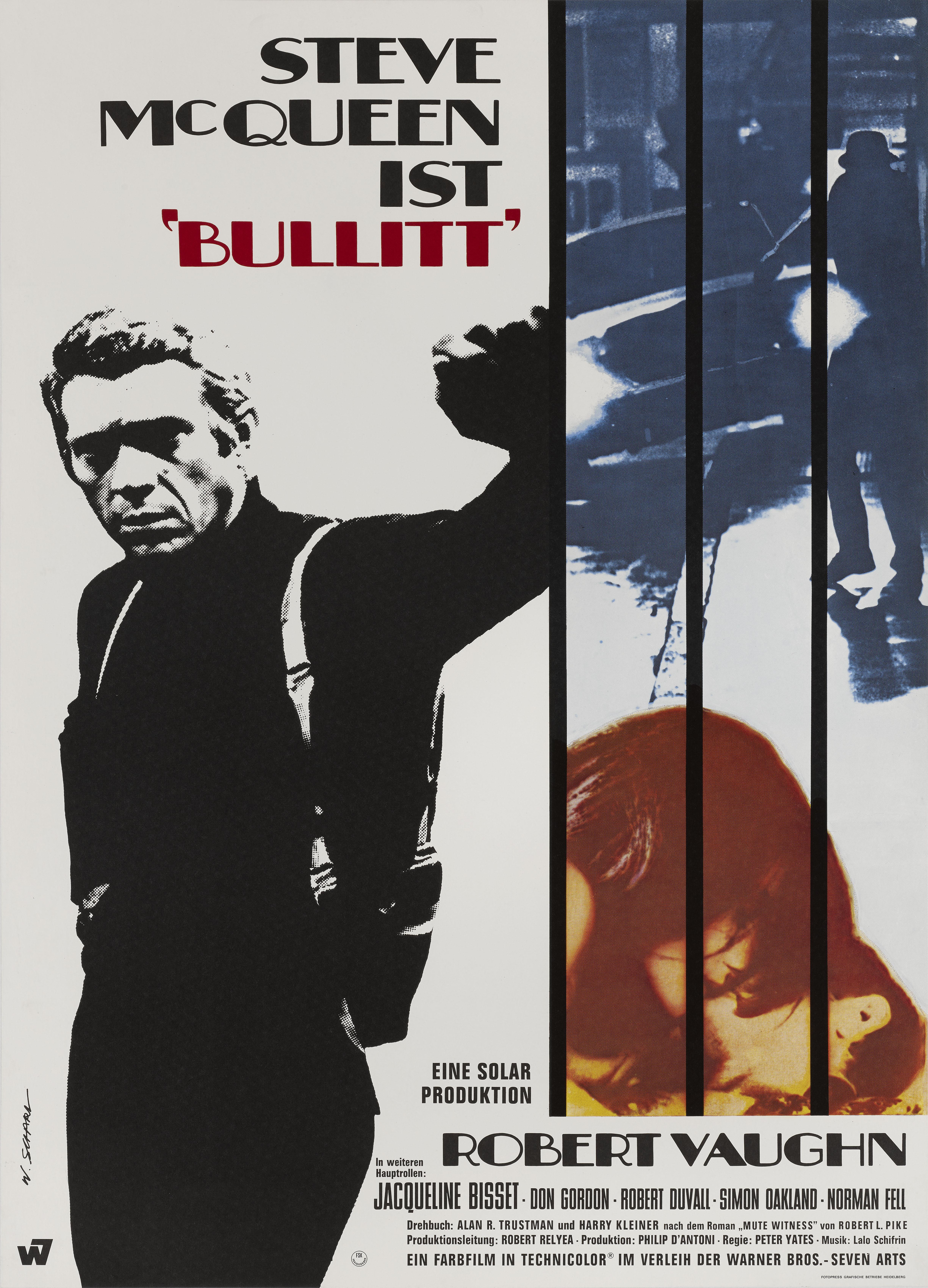 Original German film poster (1 item).
This artwork was only used on this size original German release poster.
Bullitt is undoubtedly Steve McQueen's most famous film.
This poster is conservation linen backed and would be shipped rolled in a strong