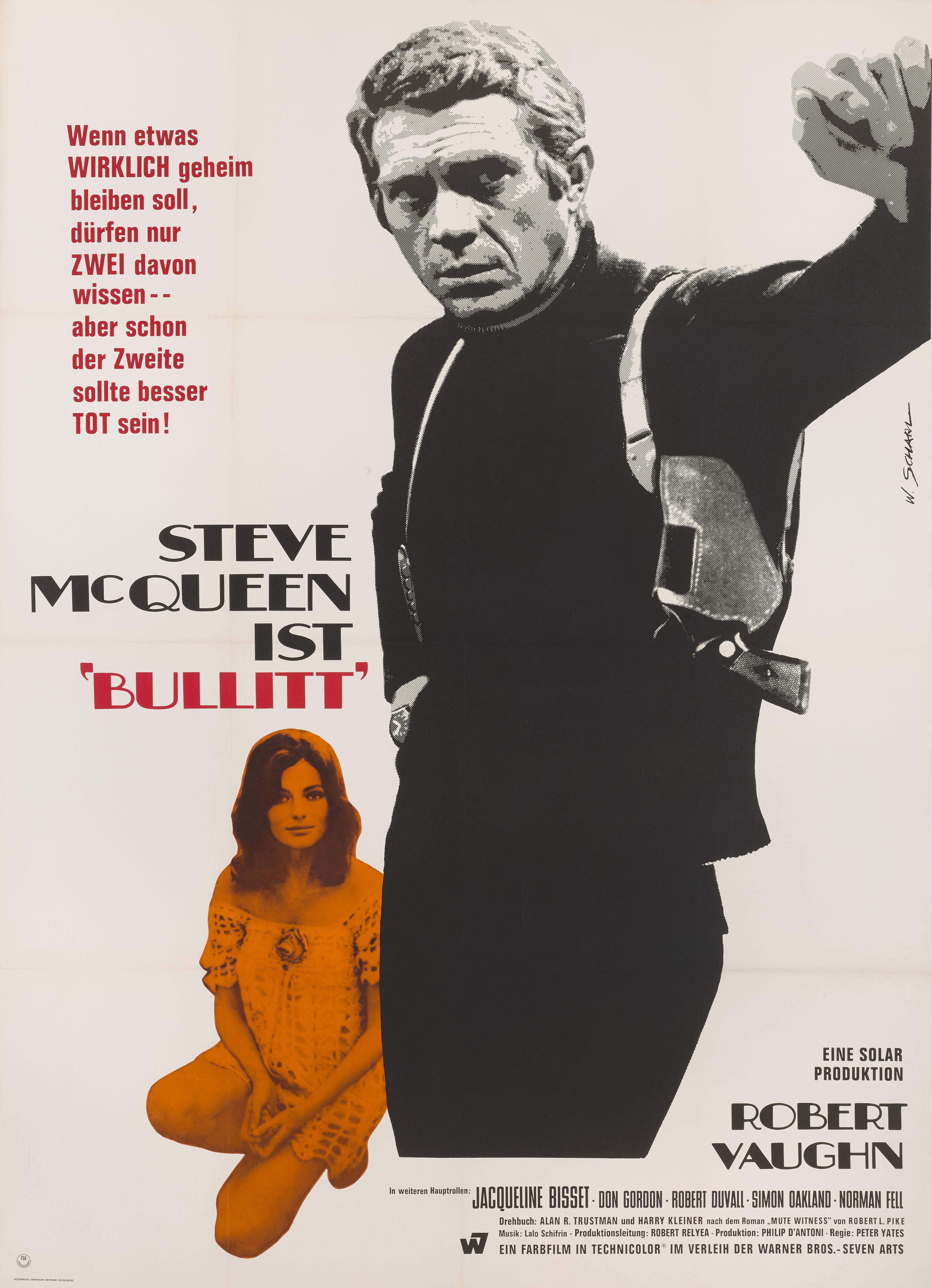 Original German film poster for the action thriller directed by Peter Yates, and stars Steve McQueen, Robert Vaughn and Jacqueline Bisset. It is undoubtedly Steve McQueen's most famous role, where he plays San Francisco Police Lieutenant Frank