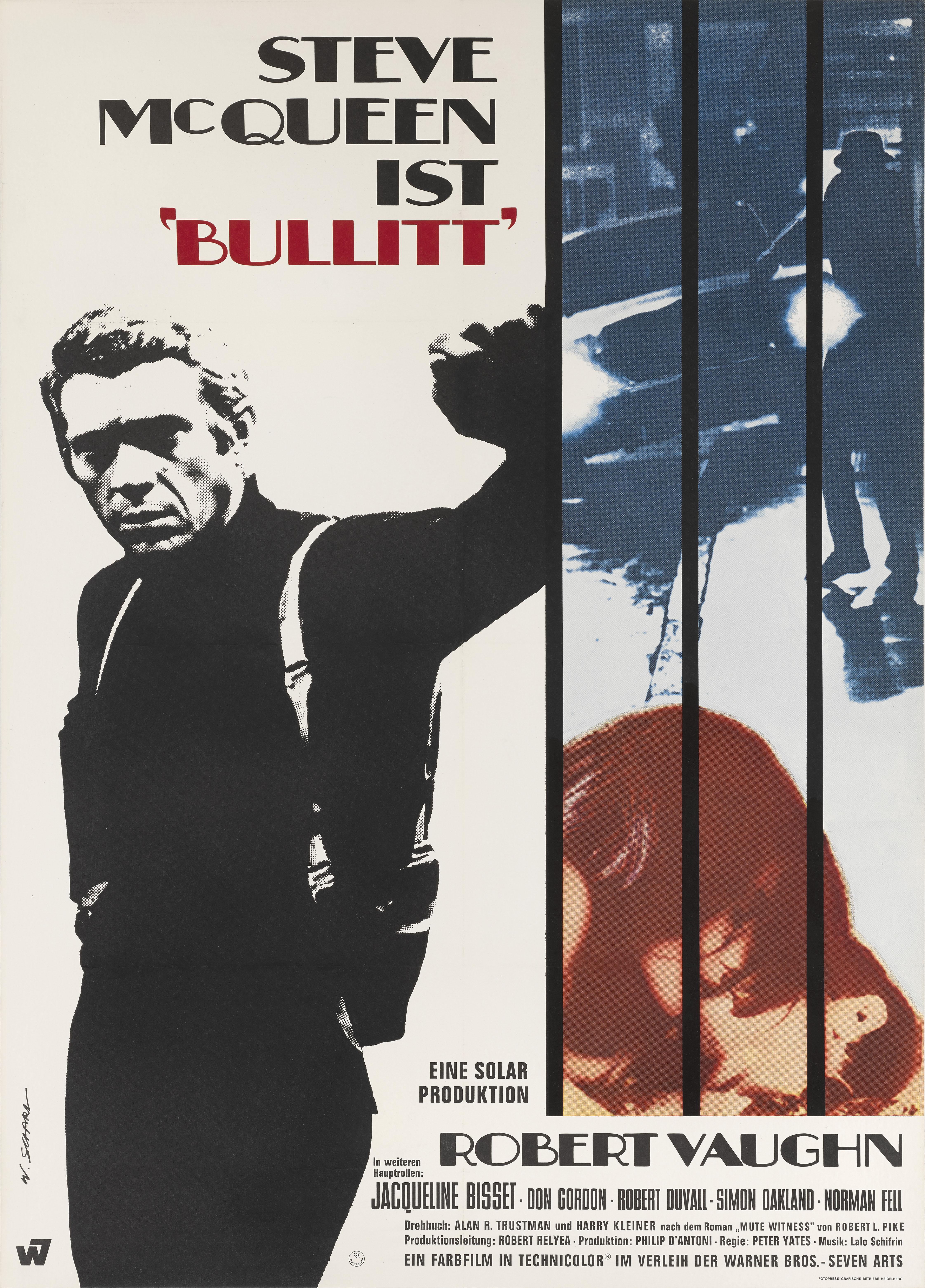 Original German film poster for the action thriller directed by Peter Yates, and stars Steve McQueen, Robert Vaughn and Jacqueline Bisset. It is undoubtedly Steve McQueen's most famous role, where he plays San Francisco Police Lieutenant Frank