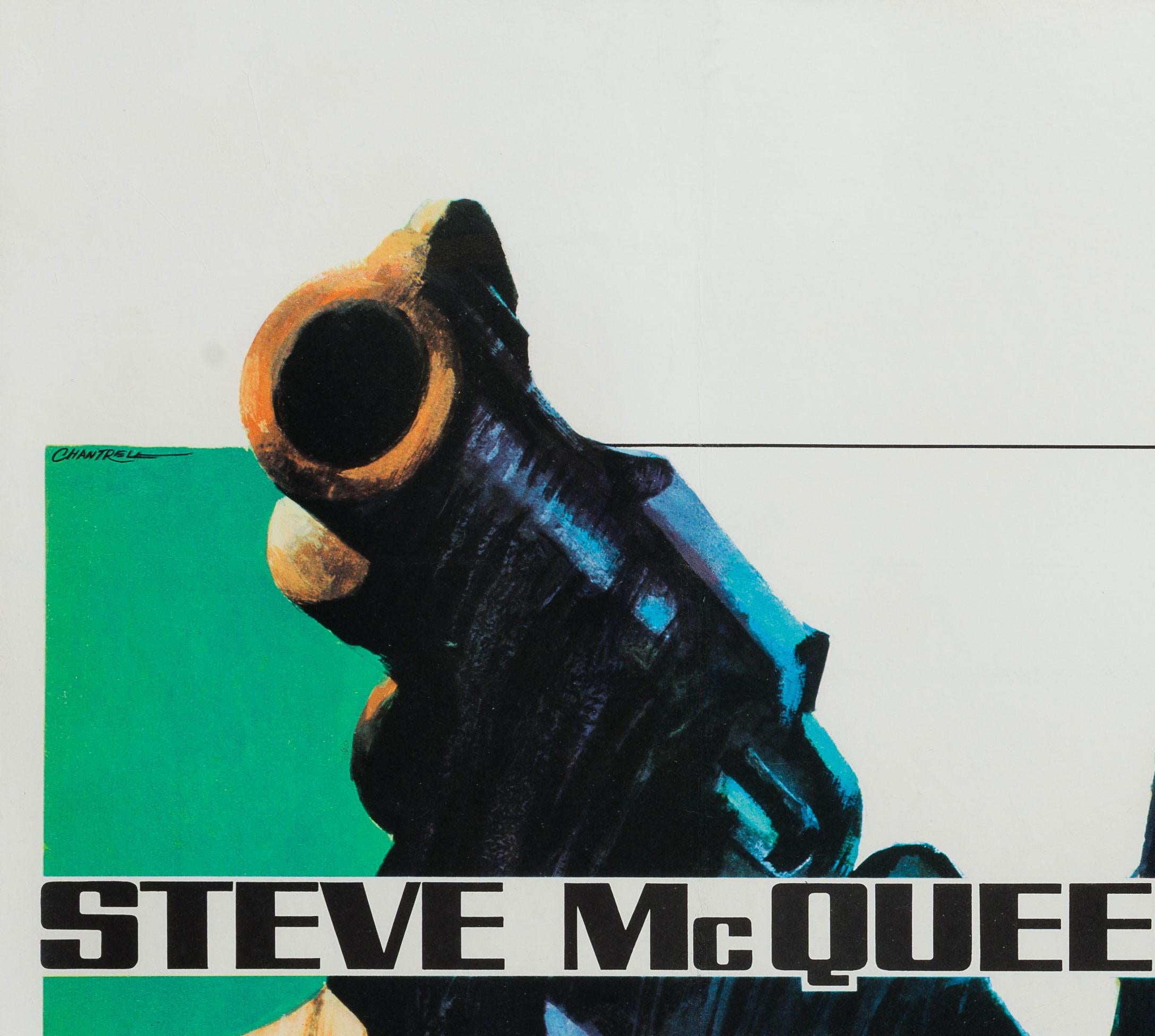 Le magnifique style vintage d'une affiche de film Quad UK pour le film Bullitt de Steve McQueen. Joli dessin de style tourbillon du prolifique designer britannique Tom Chantrell. Une très belle affiche, très rare et à collectionner. 

La taille