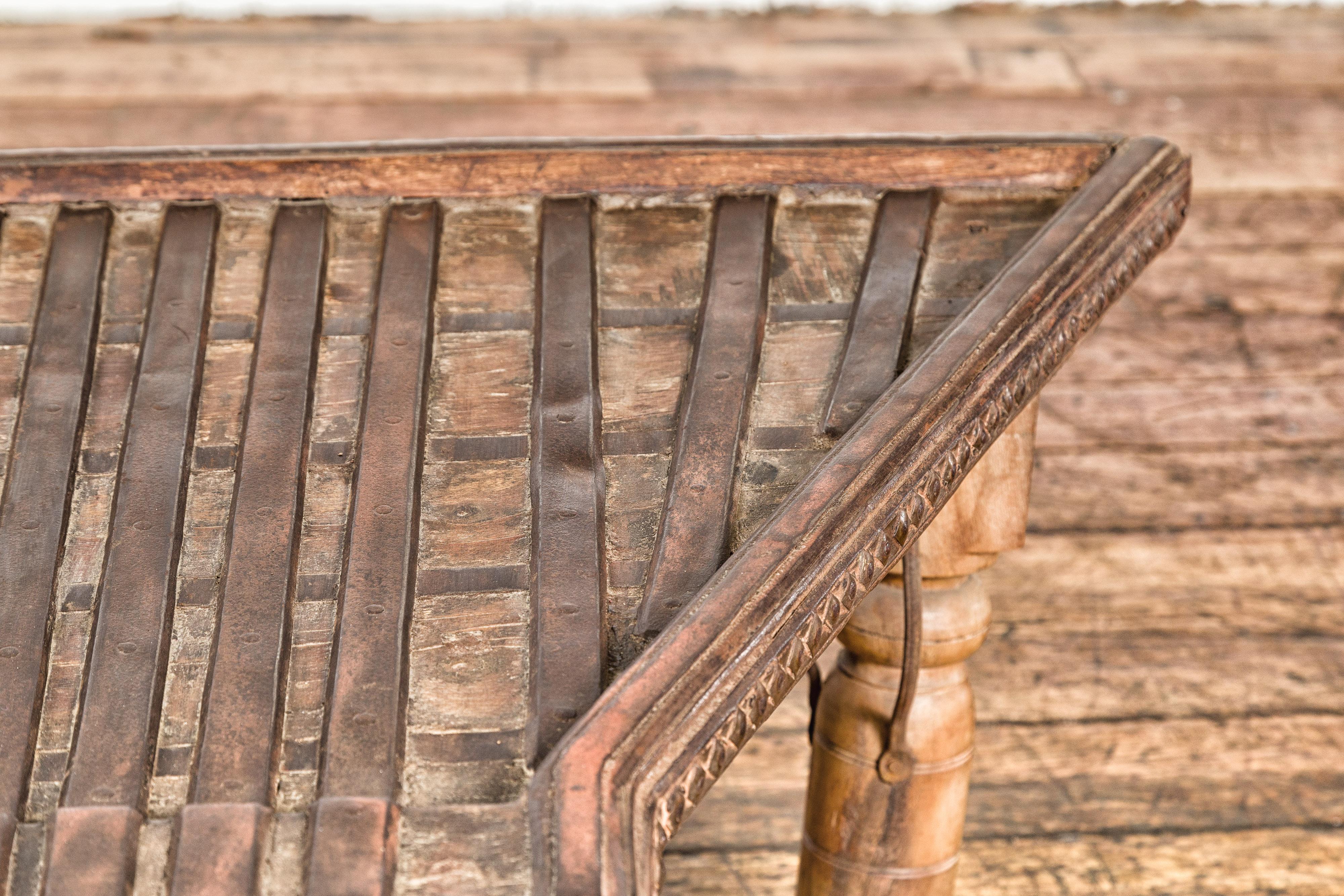 Turned Bullock Cart Rustic Coffee Table with Twisted Iron Stretchers, 19th Century For Sale