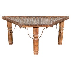 Used Bullock Cart Rustic Coffee Table with Twisted Iron Stretchers, 19th Century