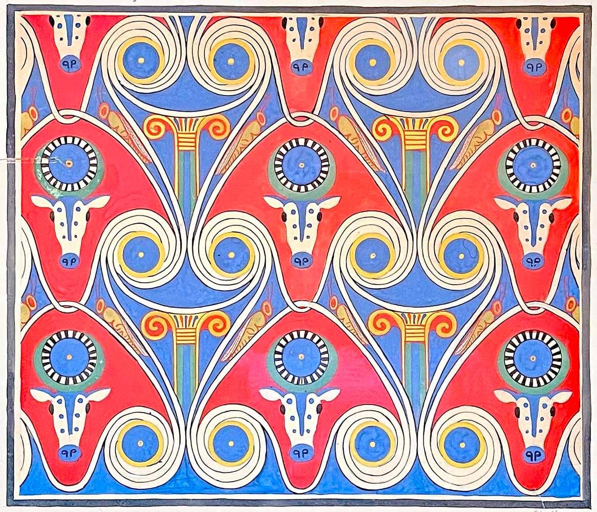 Brilliantly executed in primary colors -- scarlet, deep sky blue, yellow and white -- this original painting (not a pochoir) depicts an interwoven array of Egyptian symbols -- including Apsis the bull, symbol of fertility; grasshoppers, and ancient
