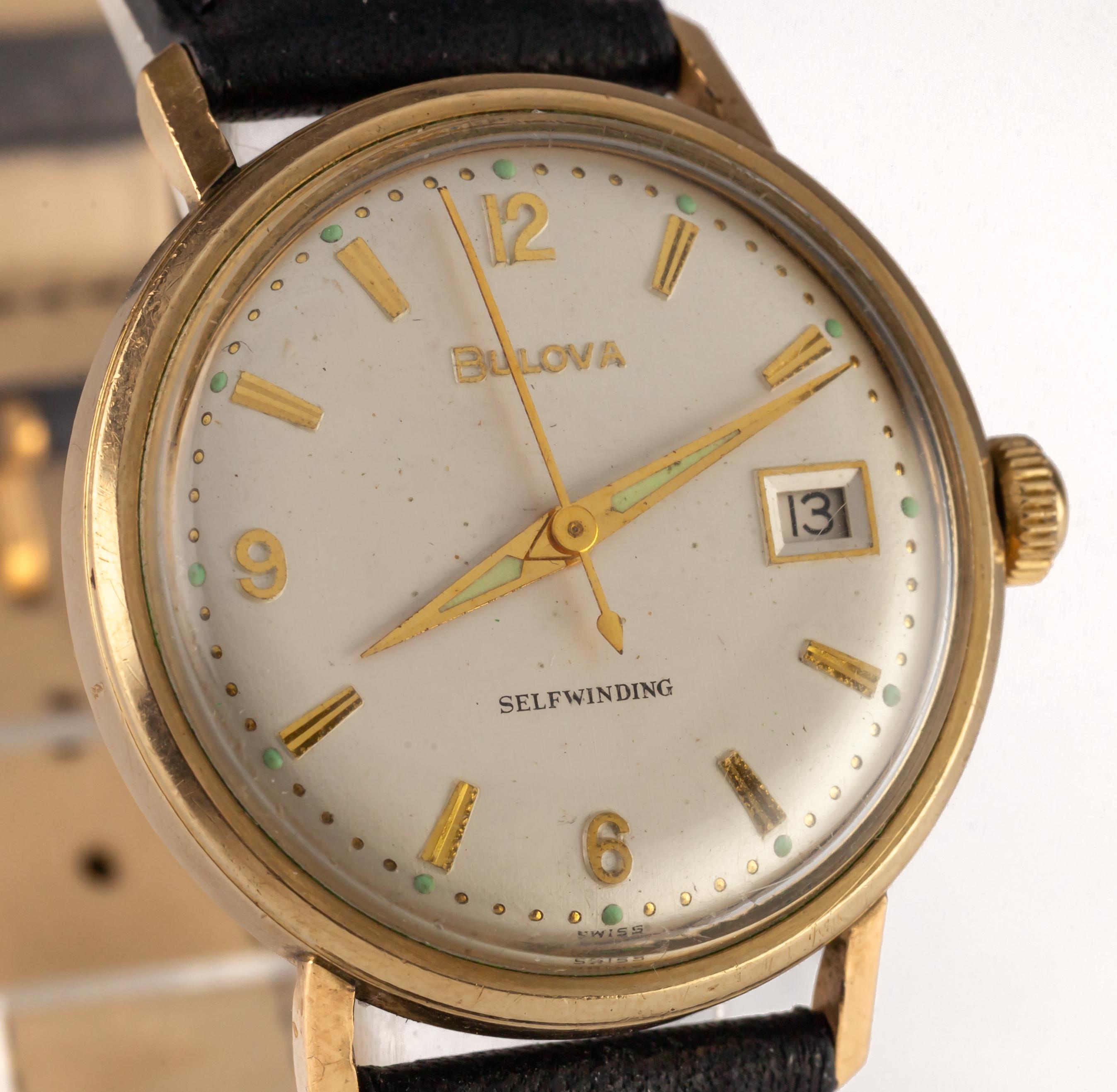 Bulova 10k Yellow Gold Filled Self-Winding Men's Watch w/ Date K21181 In Good Condition For Sale In Sherman Oaks, CA