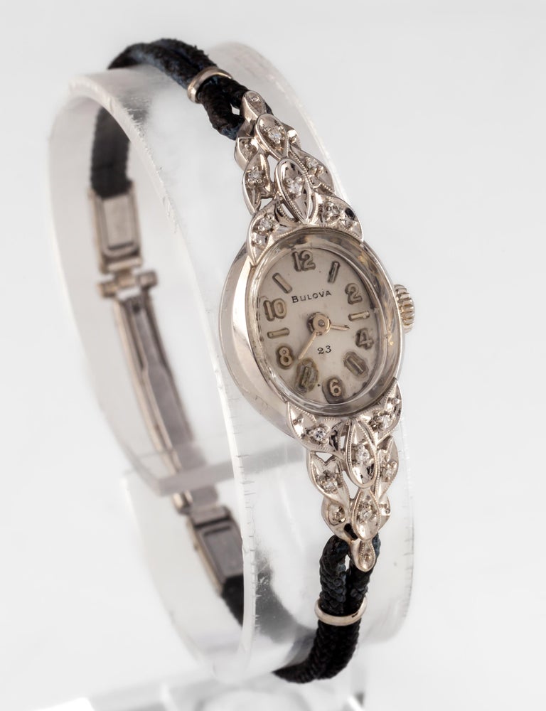 Bulova 14k White Gold Women's Dress Watch w/ Diamond Accents Black Cord