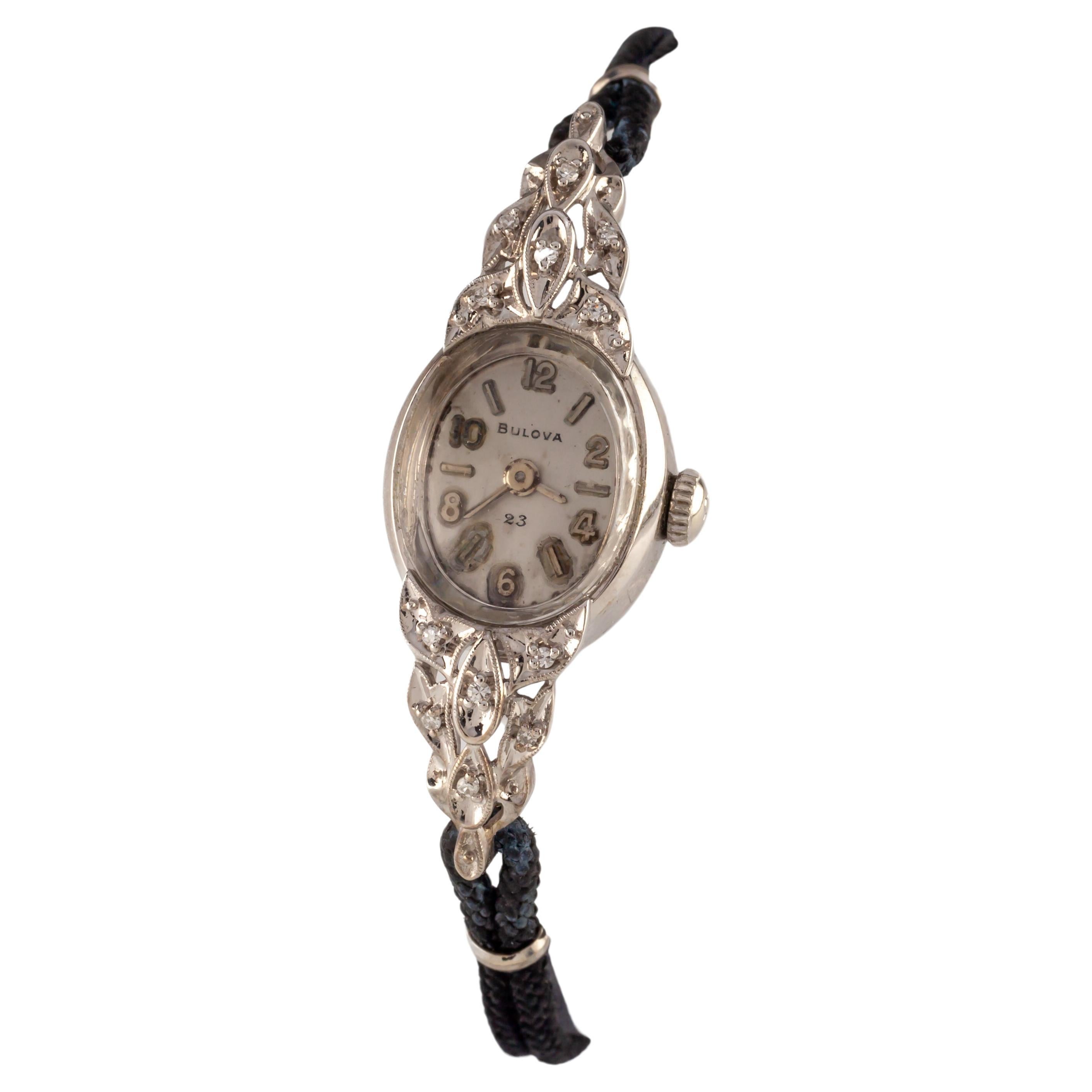 Bulova 14k White Gold Women's Dress Watch w/ Diamond Accents Black Cord For Sale