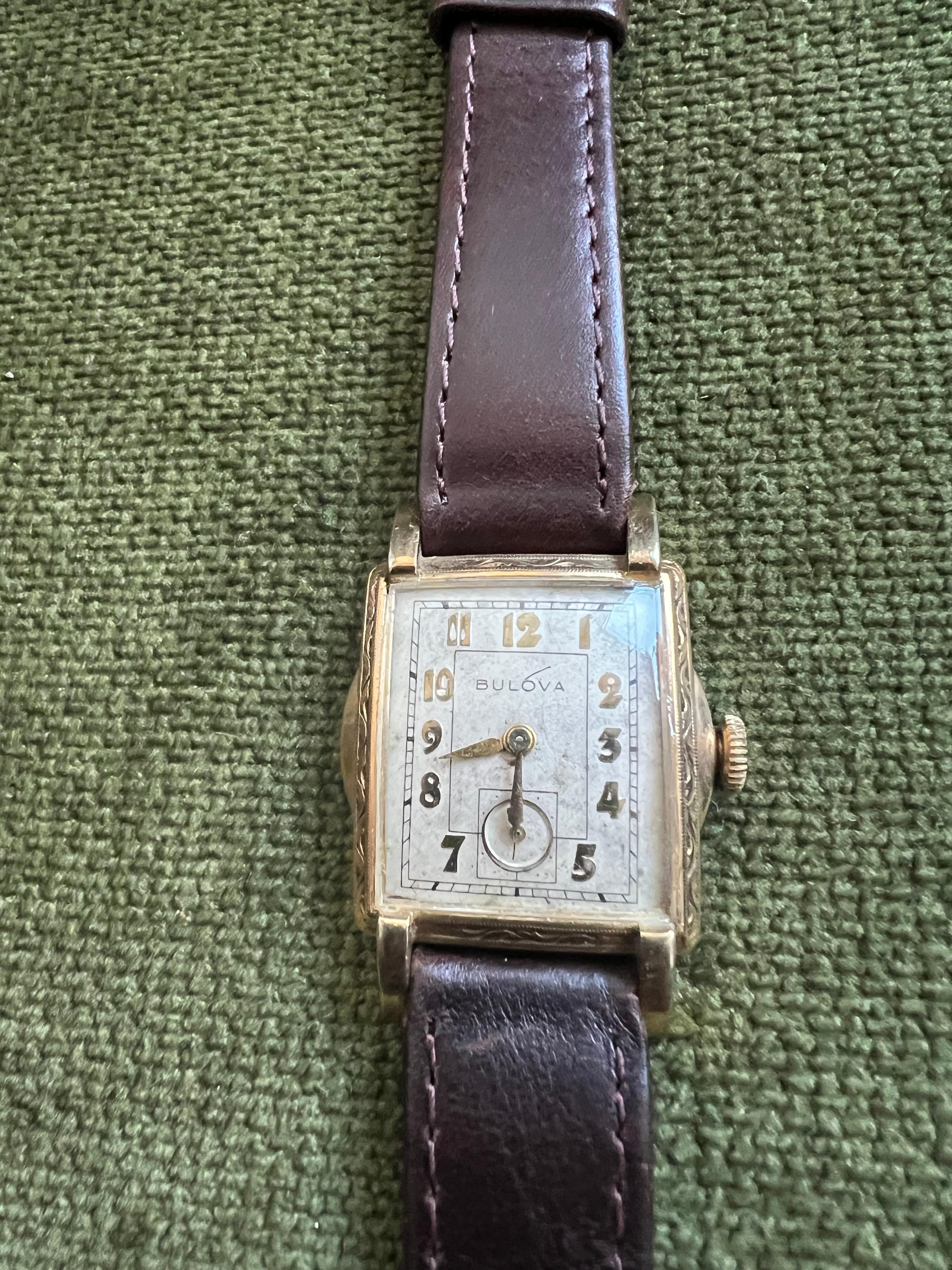 Art Deco Bulova 2 dial Watch In 10k Gold With New Brown Lather Strap Circa 1940s For Sale