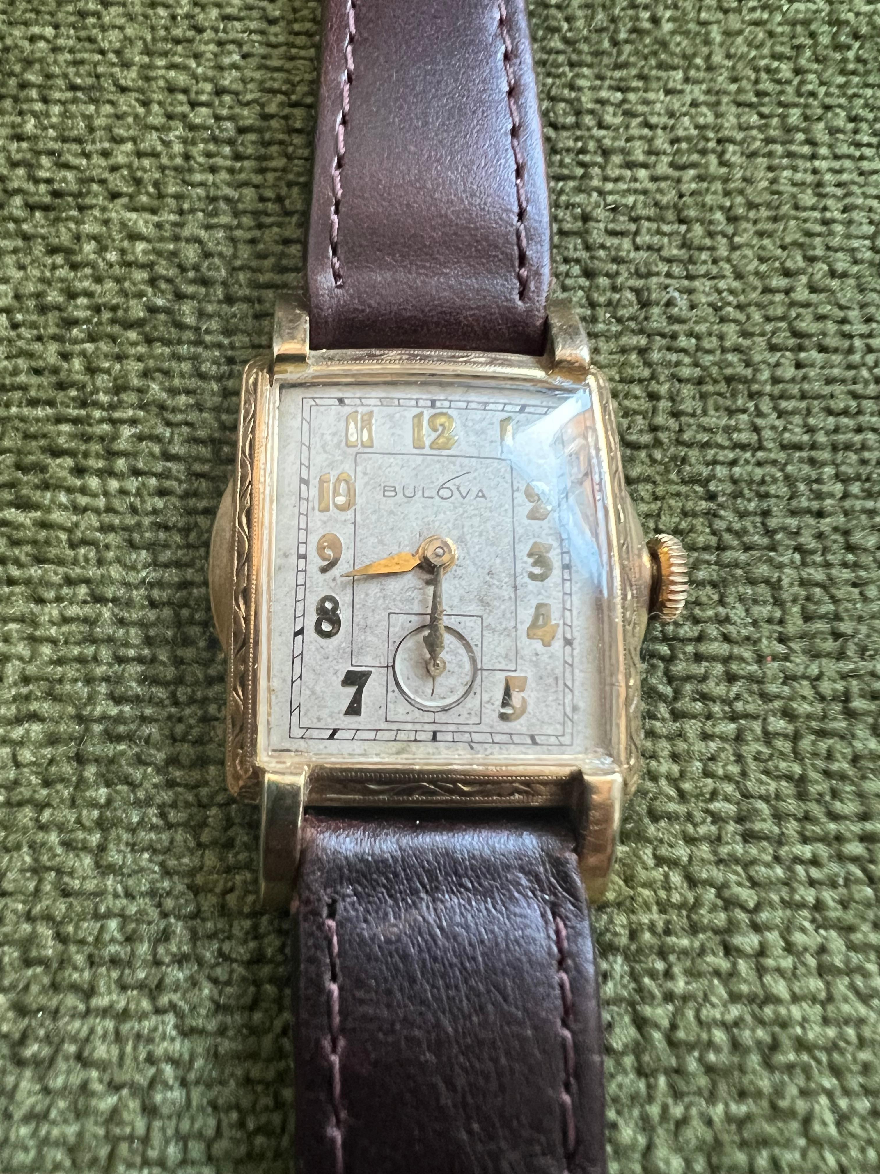 Women's or Men's Bulova 2 dial Watch In 10k Gold With New Brown Lather Strap Circa 1940s For Sale
