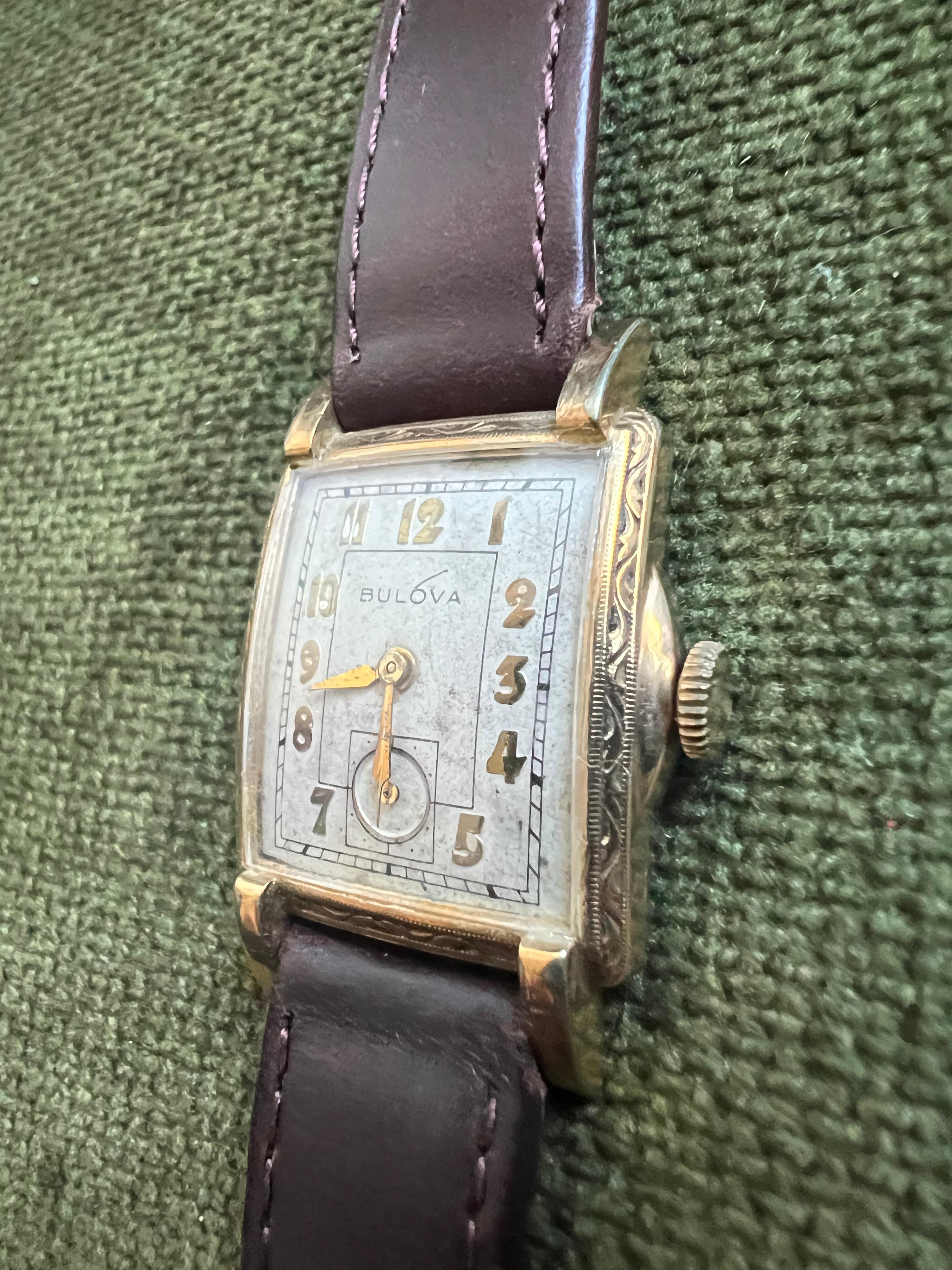 Bulova 2 dial Watch In 10k Gold With New Brown Lather Strap Circa 1940s For Sale 1