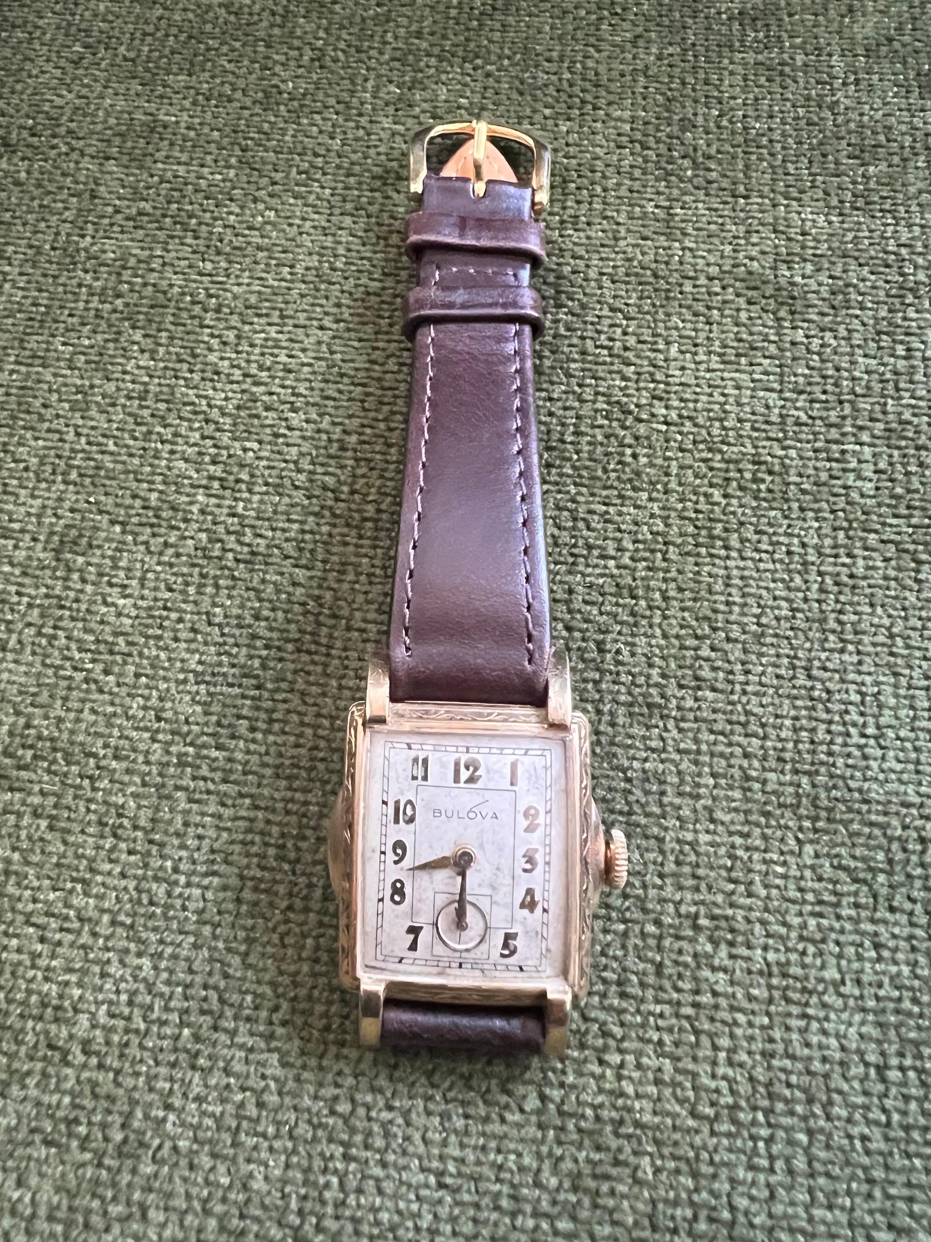 Bulova 2 dial Watch In 10k Gold With New Brown Lather Strap Circa 1940s For Sale 2