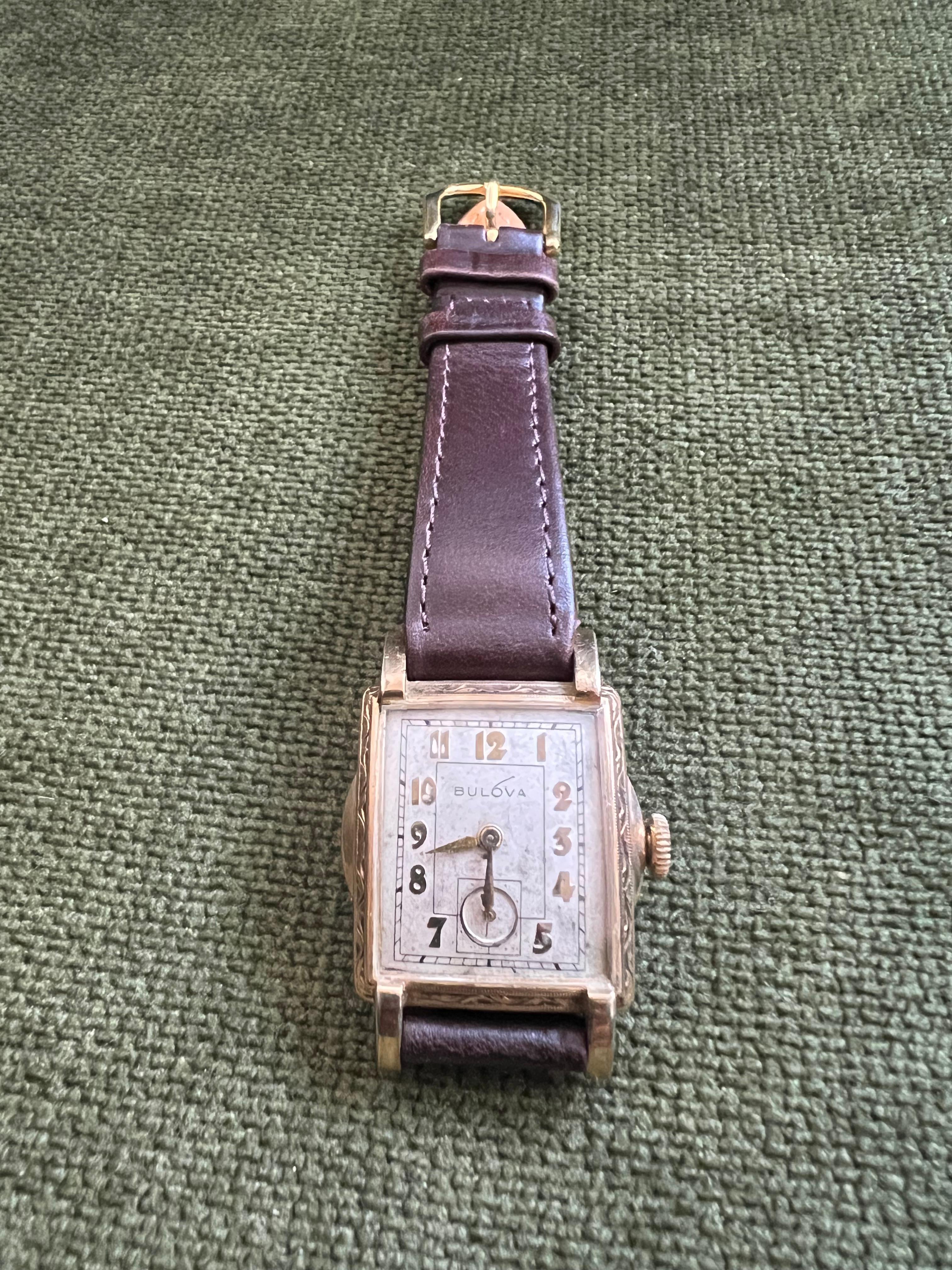 Bulova 2 dial Watch In 10k Gold With New Brown Lather Strap Circa 1940s For Sale 3
