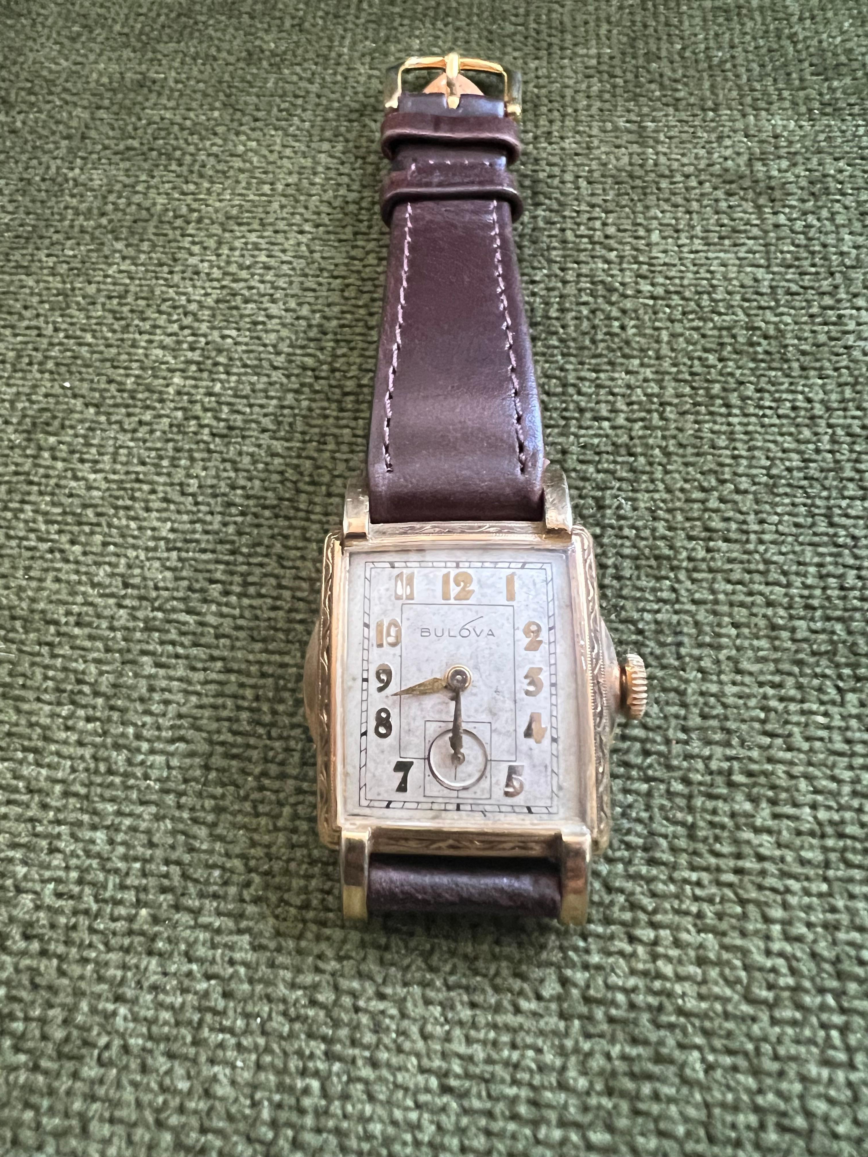 Bulova 2 dial Watch In 10k Gold With New Brown Lather Strap Circa 1940s For Sale 4